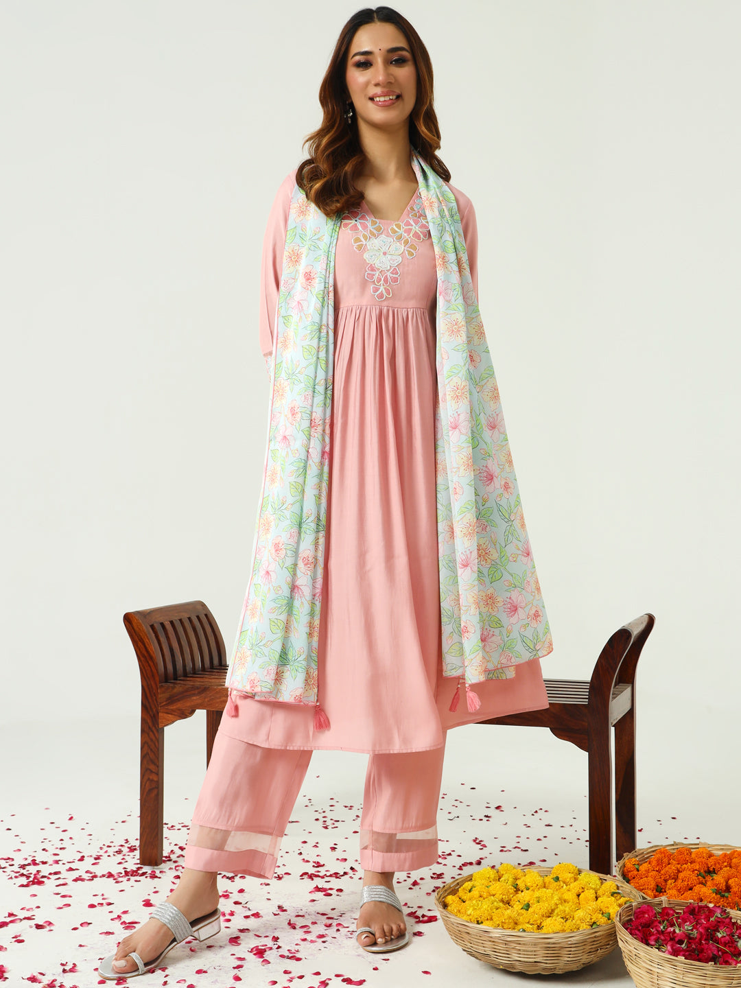 FIORRA Women's Peach Viscose Chanderi A-line Kurta with Pant and Dupatta