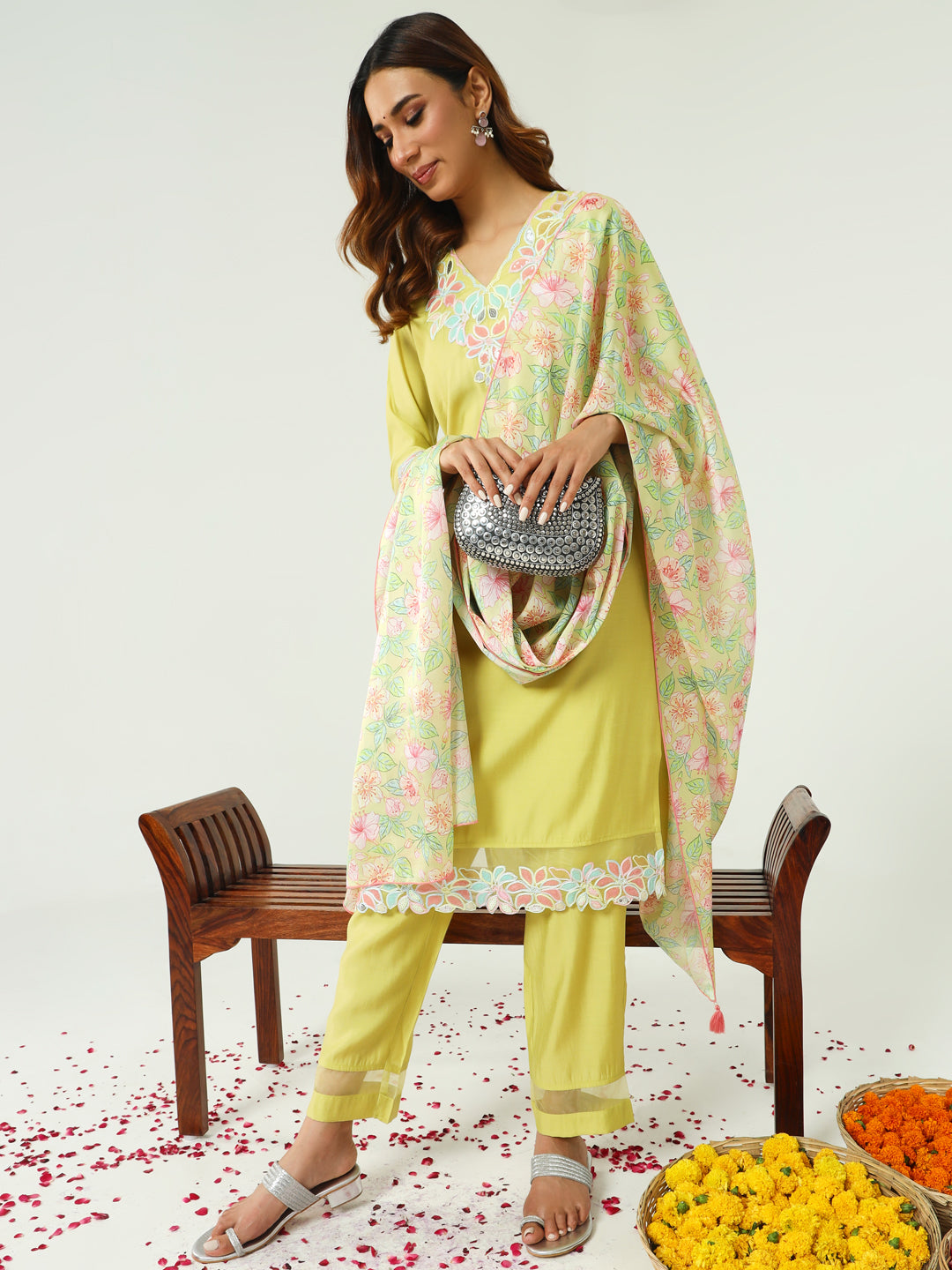 FIORRA Women's Yellow Viscose Chanderi Straight Kurta with Pant and Dupatta