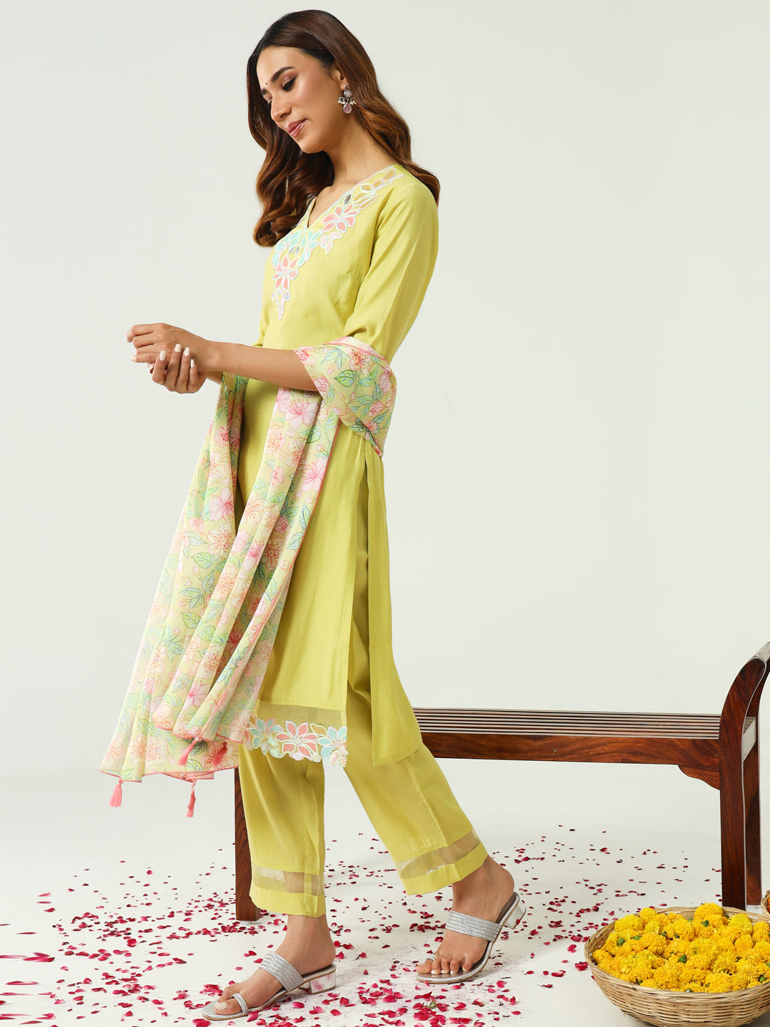 FIORRA Women's Yellow Viscose Chanderi Straight Kurta with Pant and Dupatta