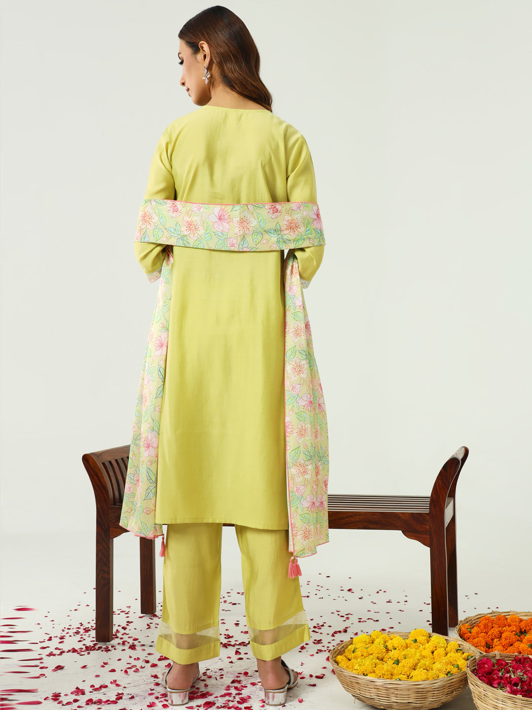 FIORRA Women's Yellow Viscose Chanderi Straight Kurta with Pant and Dupatta