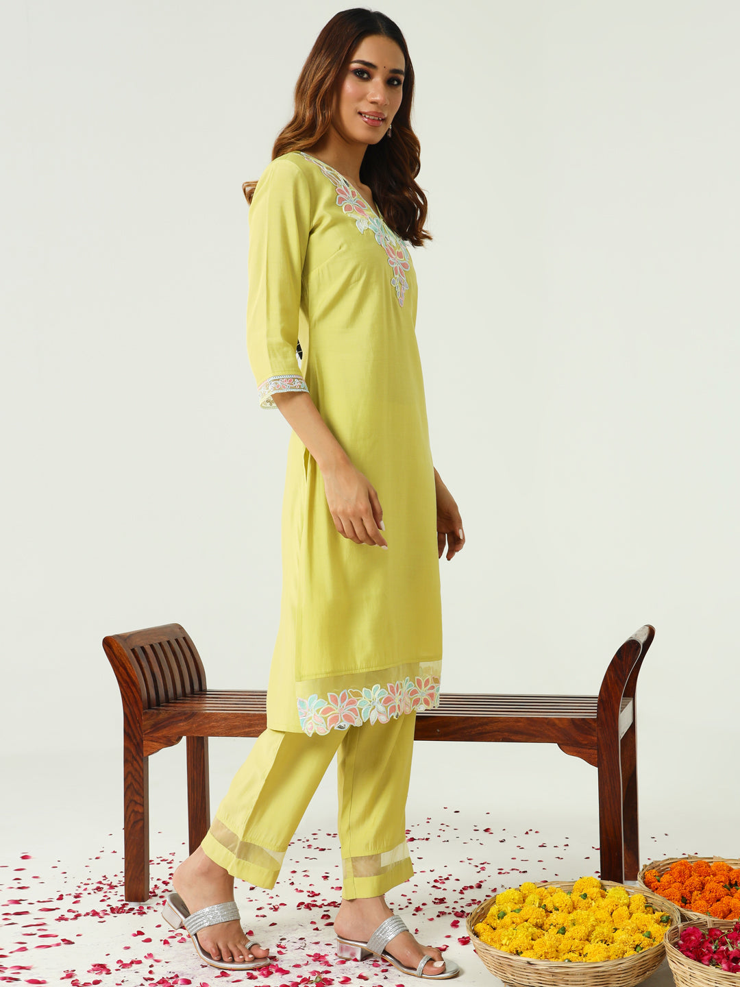 FIORRA Women's Yellow Viscose Chanderi Straight Kurta with Pant and Dupatta