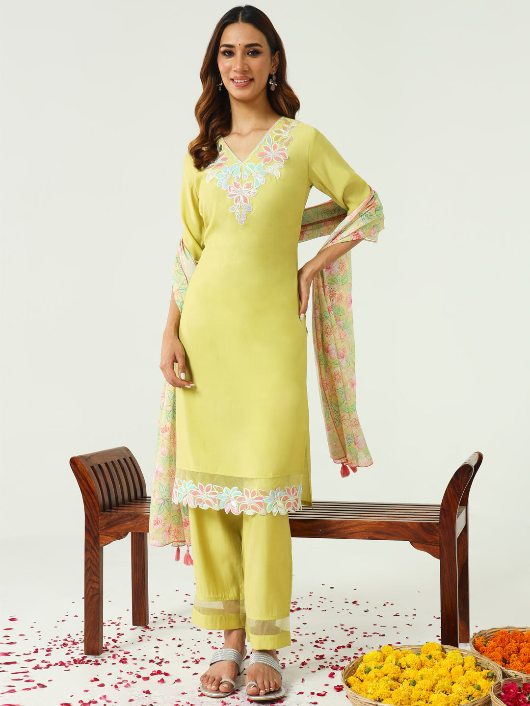 FIORRA Women's Yellow Viscose Chanderi Straight Kurta with Pant and Dupatta