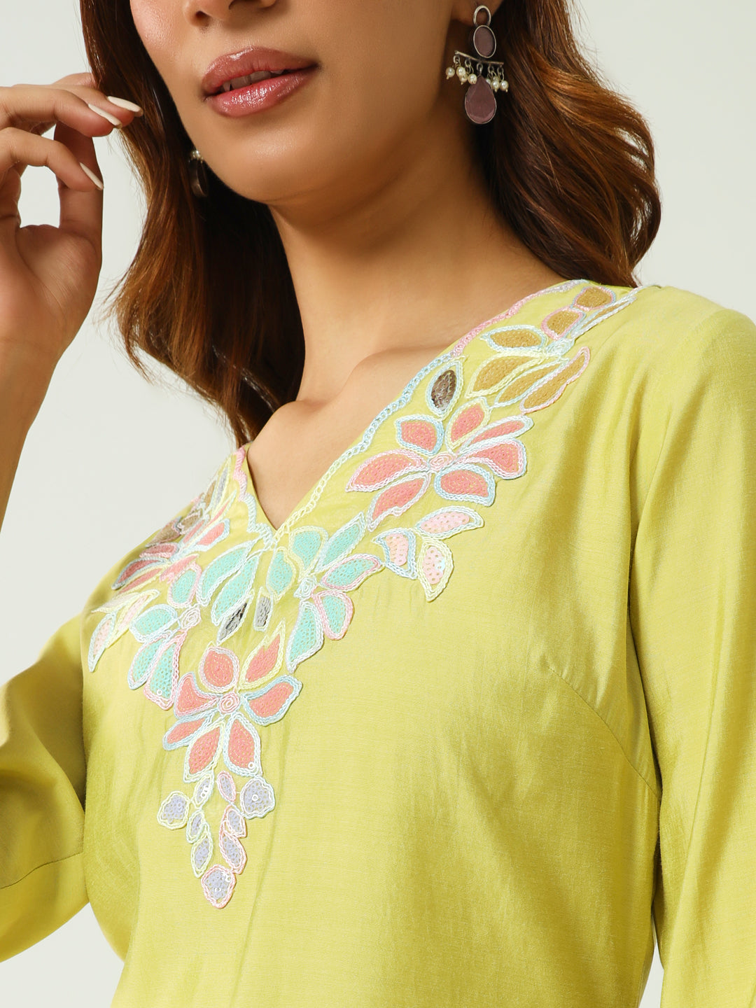 FIORRA Women's Yellow Viscose Chanderi Straight Kurta with Pant and Dupatta