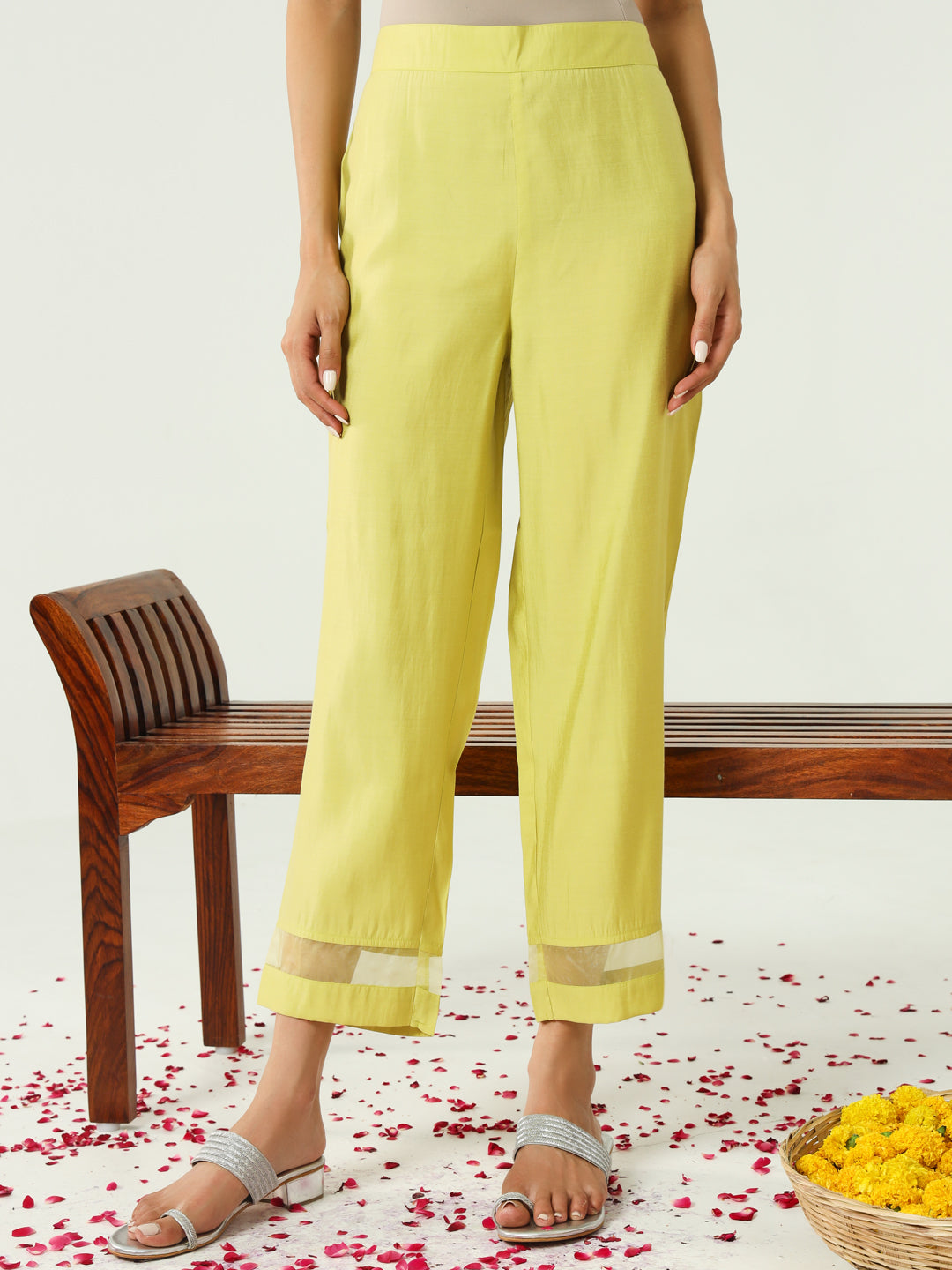 FIORRA Women's Yellow Viscose Chanderi Straight Kurta with Pant and Dupatta