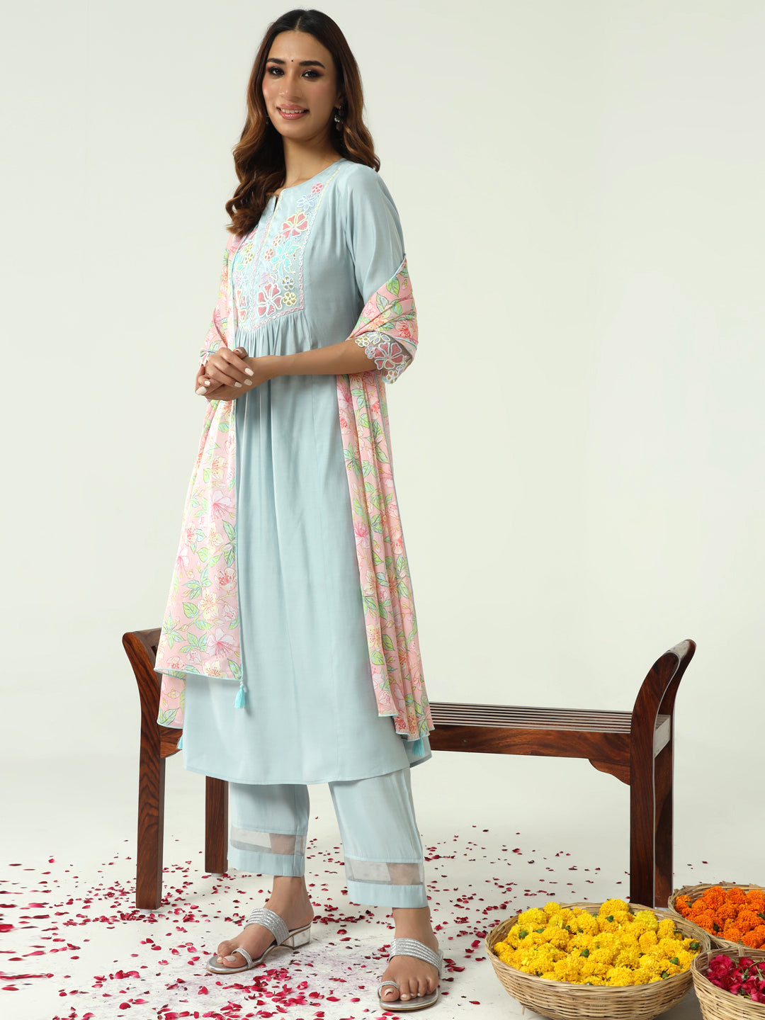 FIORRA Women's Sky Blue Viscose Chanderi A-line Kurta with Pant and Dupatta