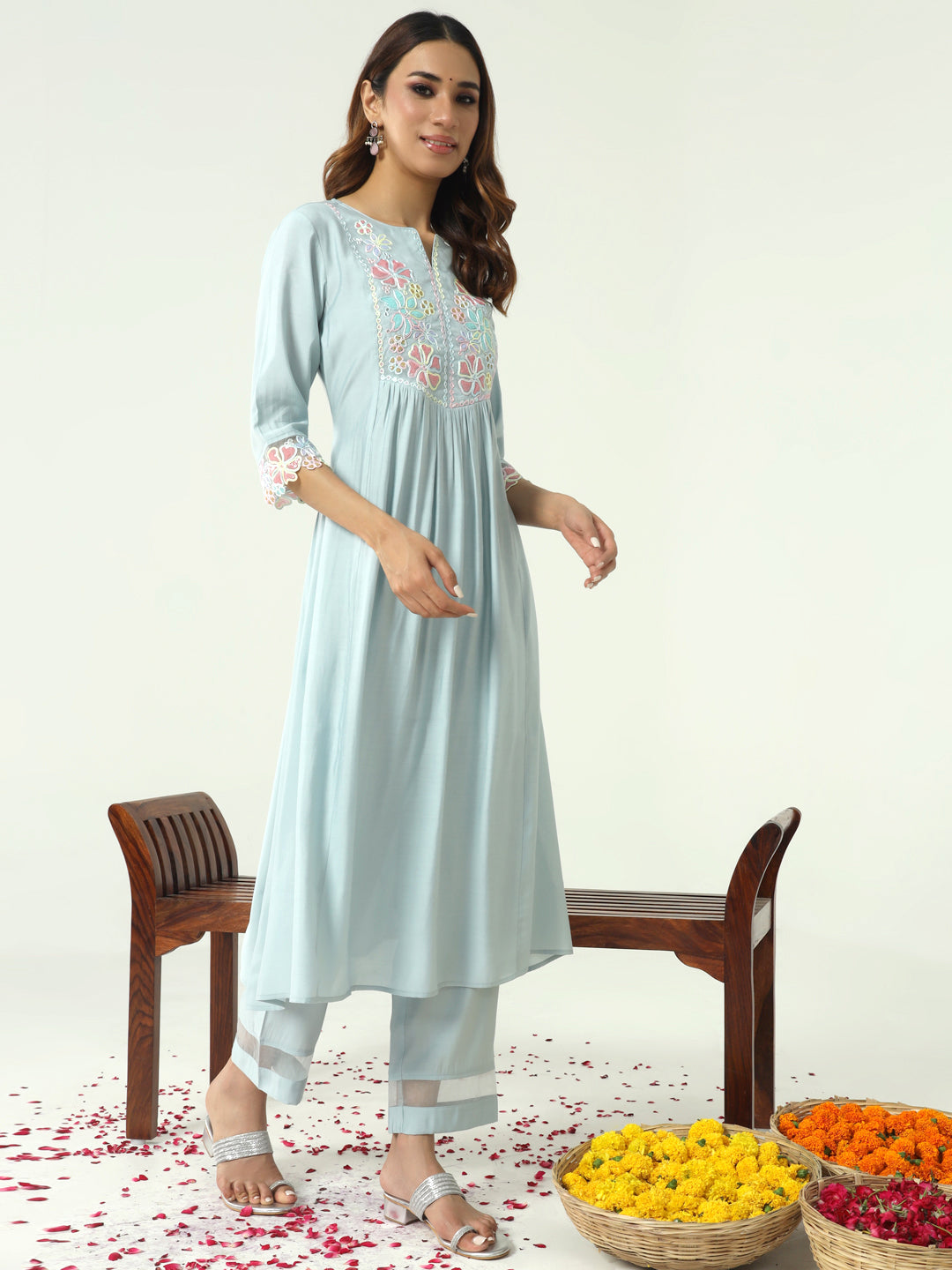 FIORRA Women's Sky Blue Viscose Chanderi A-line Kurta with Pant and Dupatta