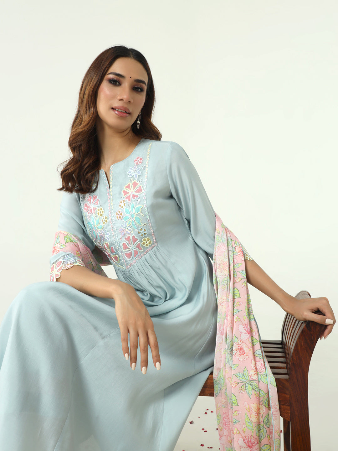 FIORRA Women's Sky Blue Viscose Chanderi A-line Kurta with Pant and Dupatta