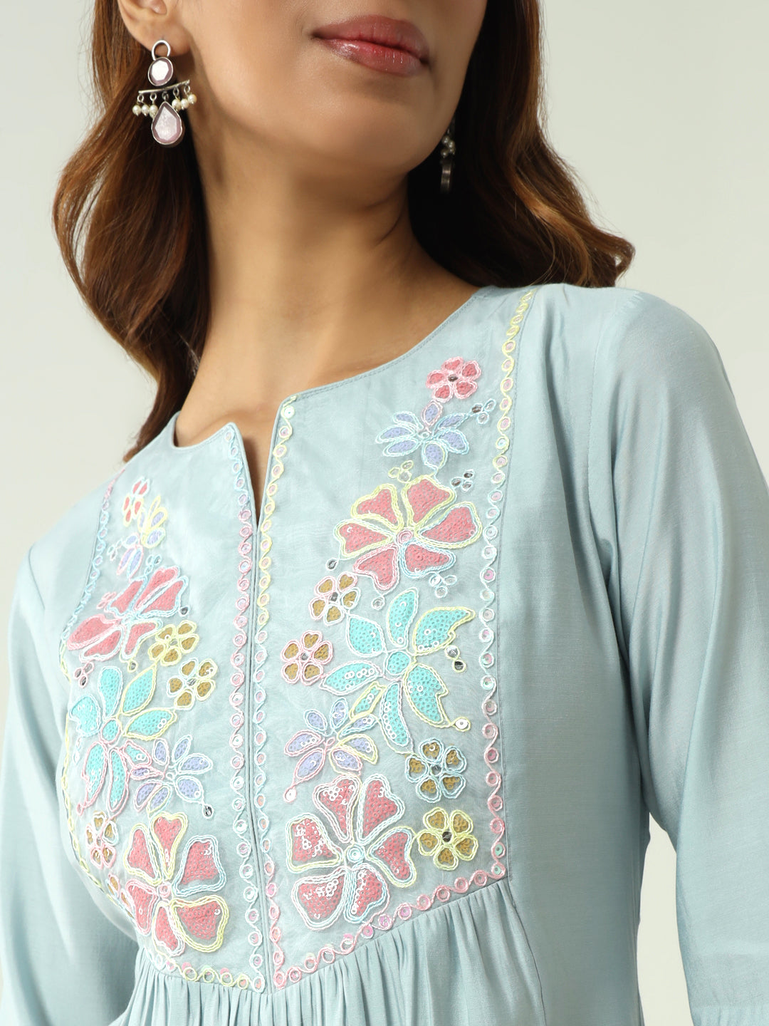 FIORRA Women's Sky Blue Viscose Chanderi A-line Kurta with Pant and Dupatta