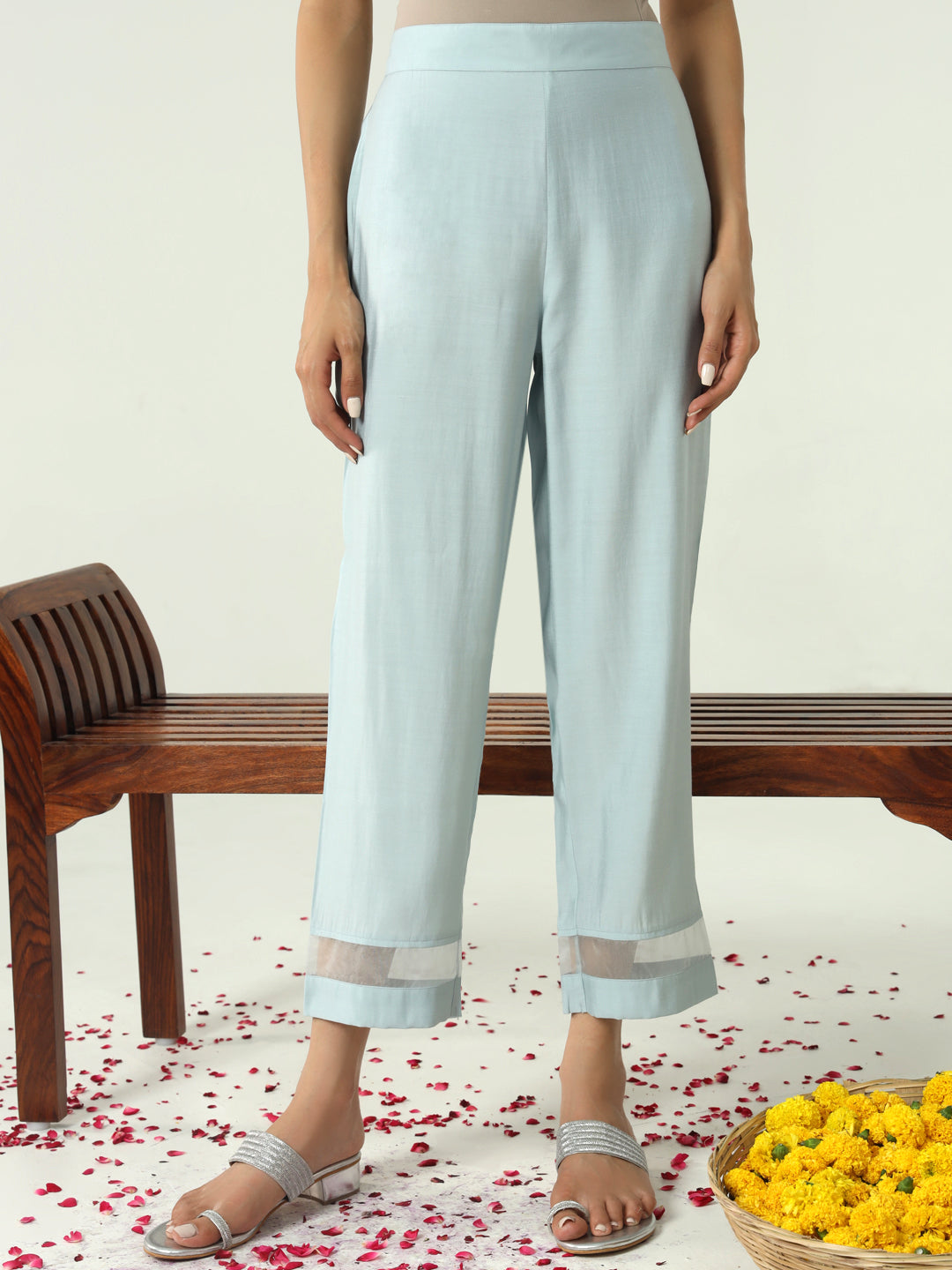 FIORRA Women's Sky Blue Viscose Chanderi A-line Kurta with Pant and Dupatta