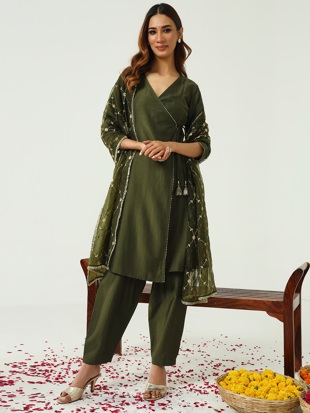 FIORRA Women's Green Silk Blend Angrakha Kurta with Pant and Dupatta