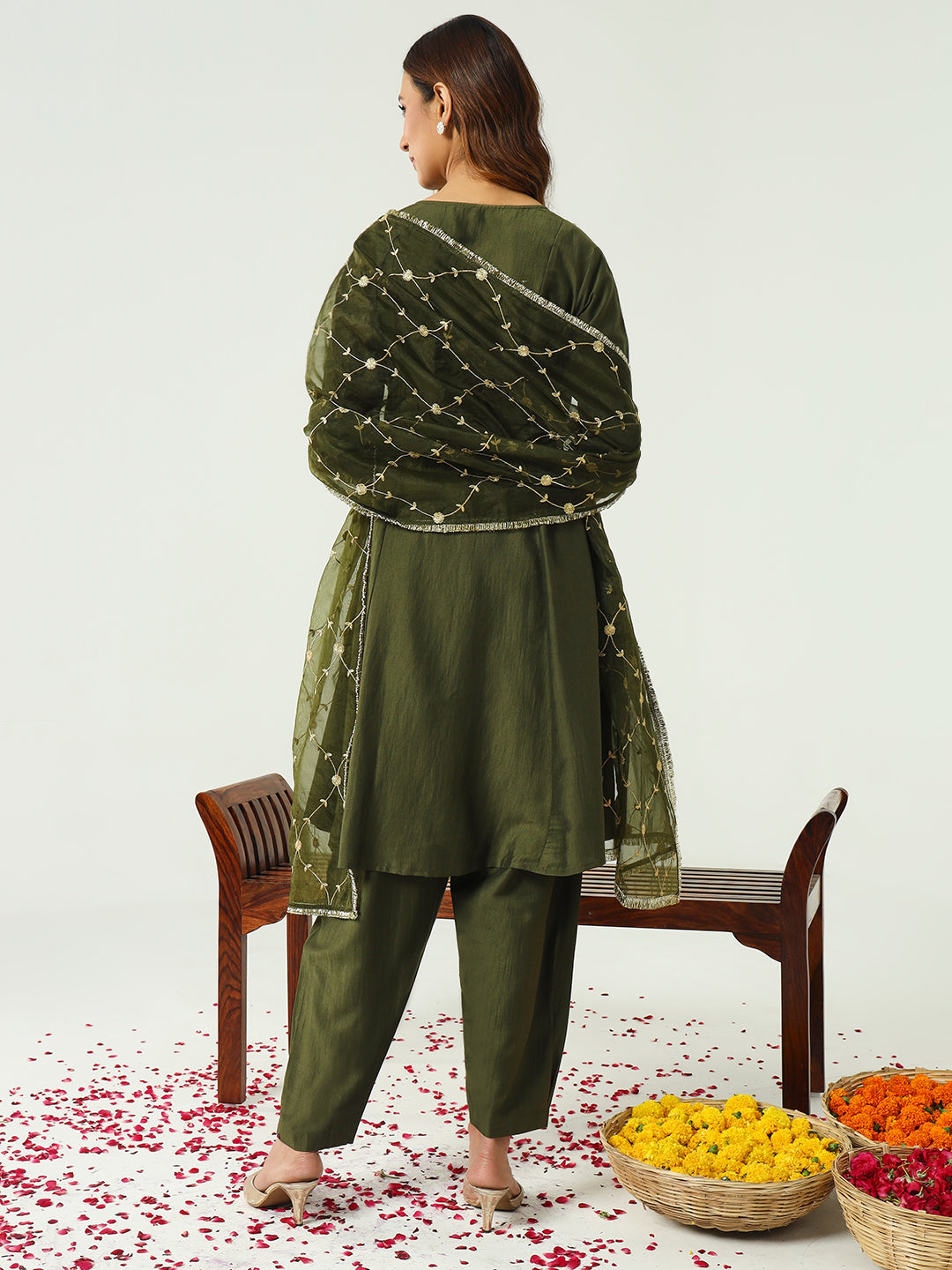 FIORRA Women's Green Silk Blend Angrakha Kurta with Pant and Dupatta