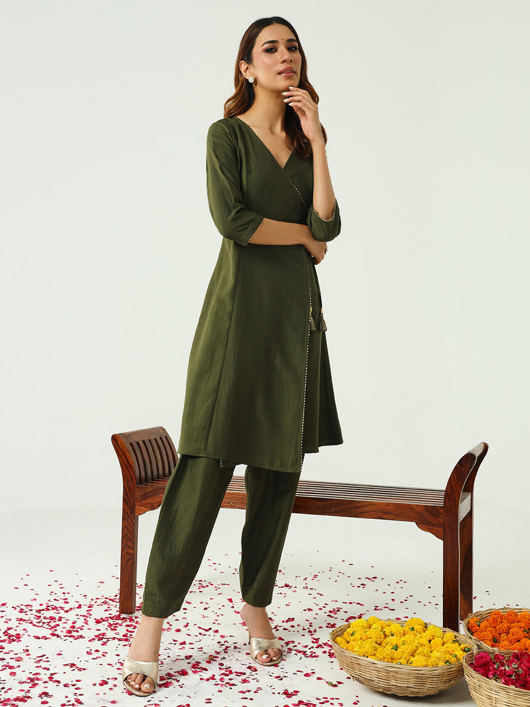 FIORRA Women's Green Silk Blend Angrakha Kurta with Pant and Dupatta