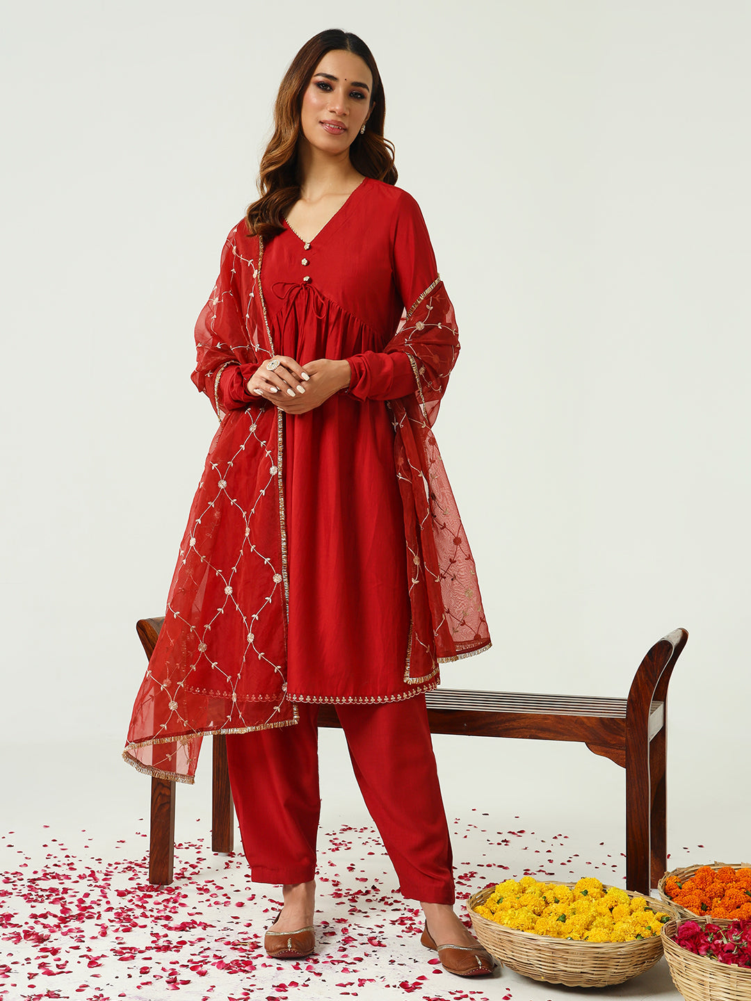 FIORRA Women's Red Silk Blend Nayra Cut Kurta with Pant and Dupatta