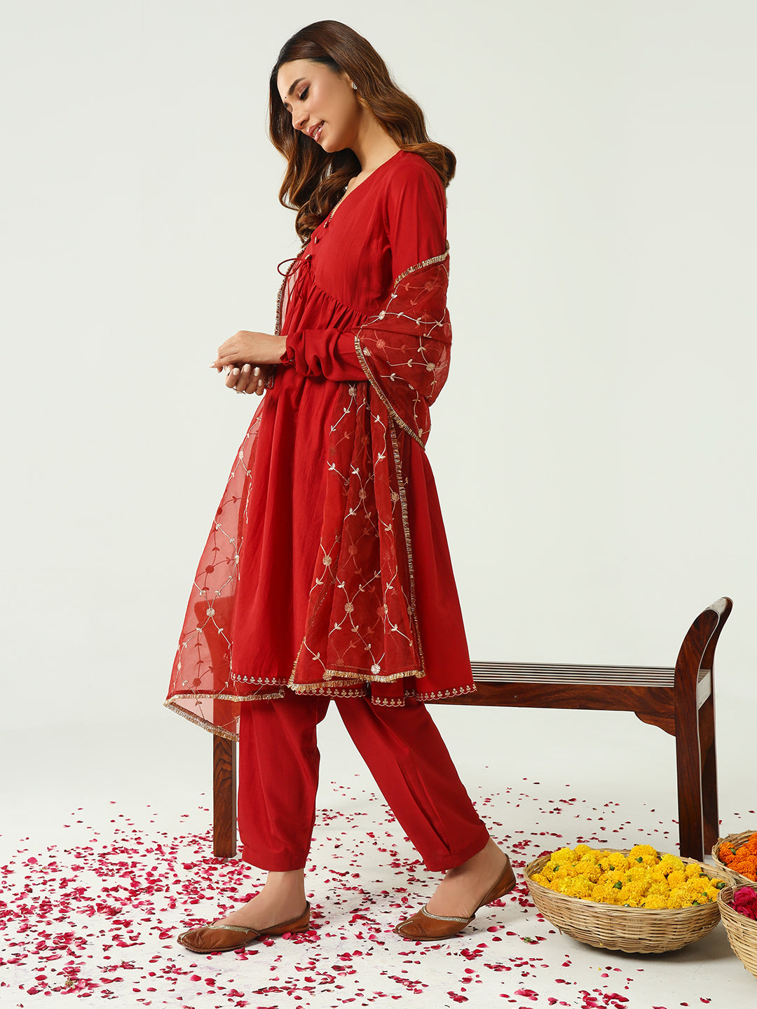 FIORRA Women's Red Silk Blend Nayra Cut Kurta with Pant and Dupatta