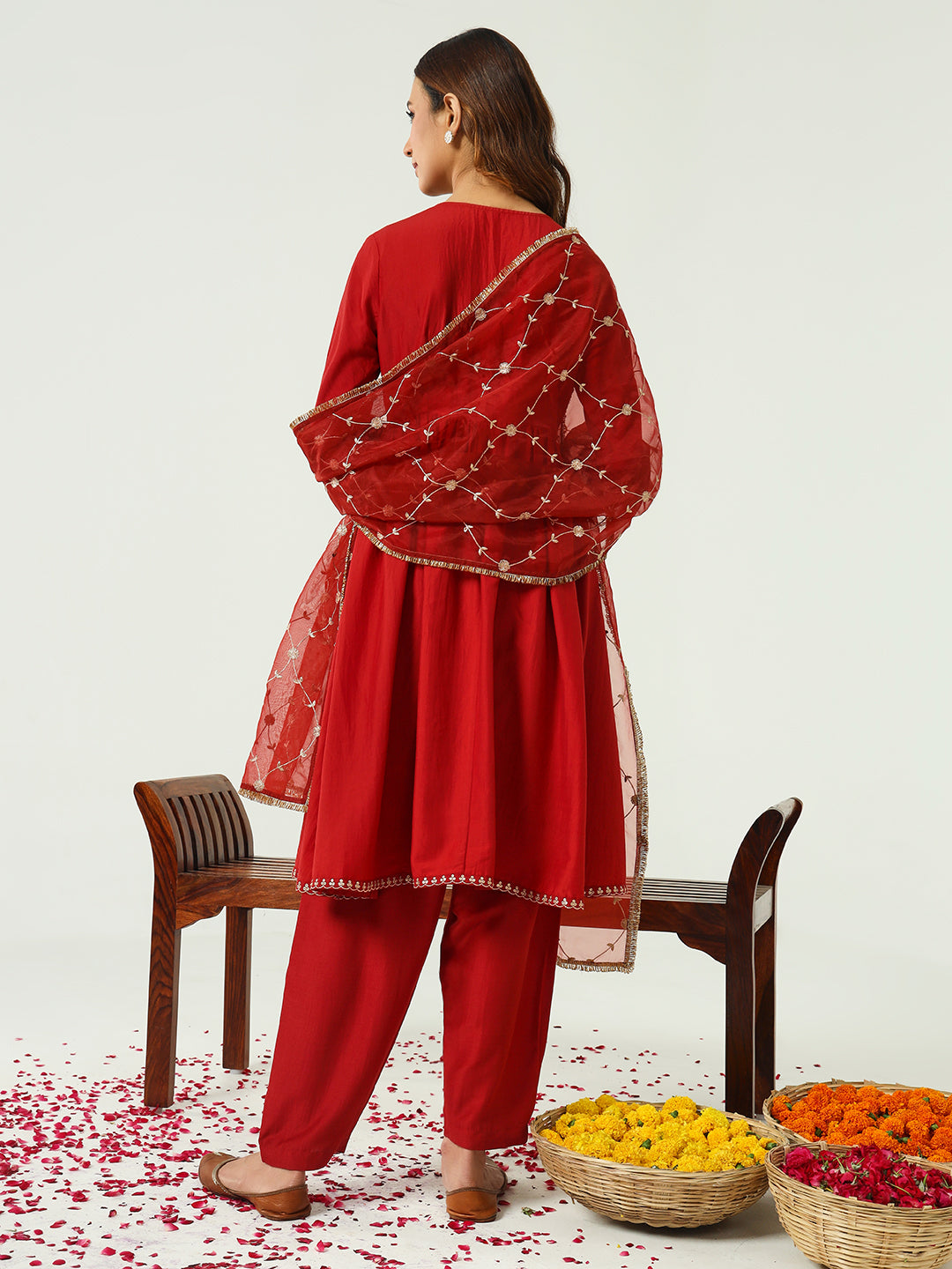 FIORRA Women's Red Silk Blend Nayra Cut Kurta with Pant and Dupatta