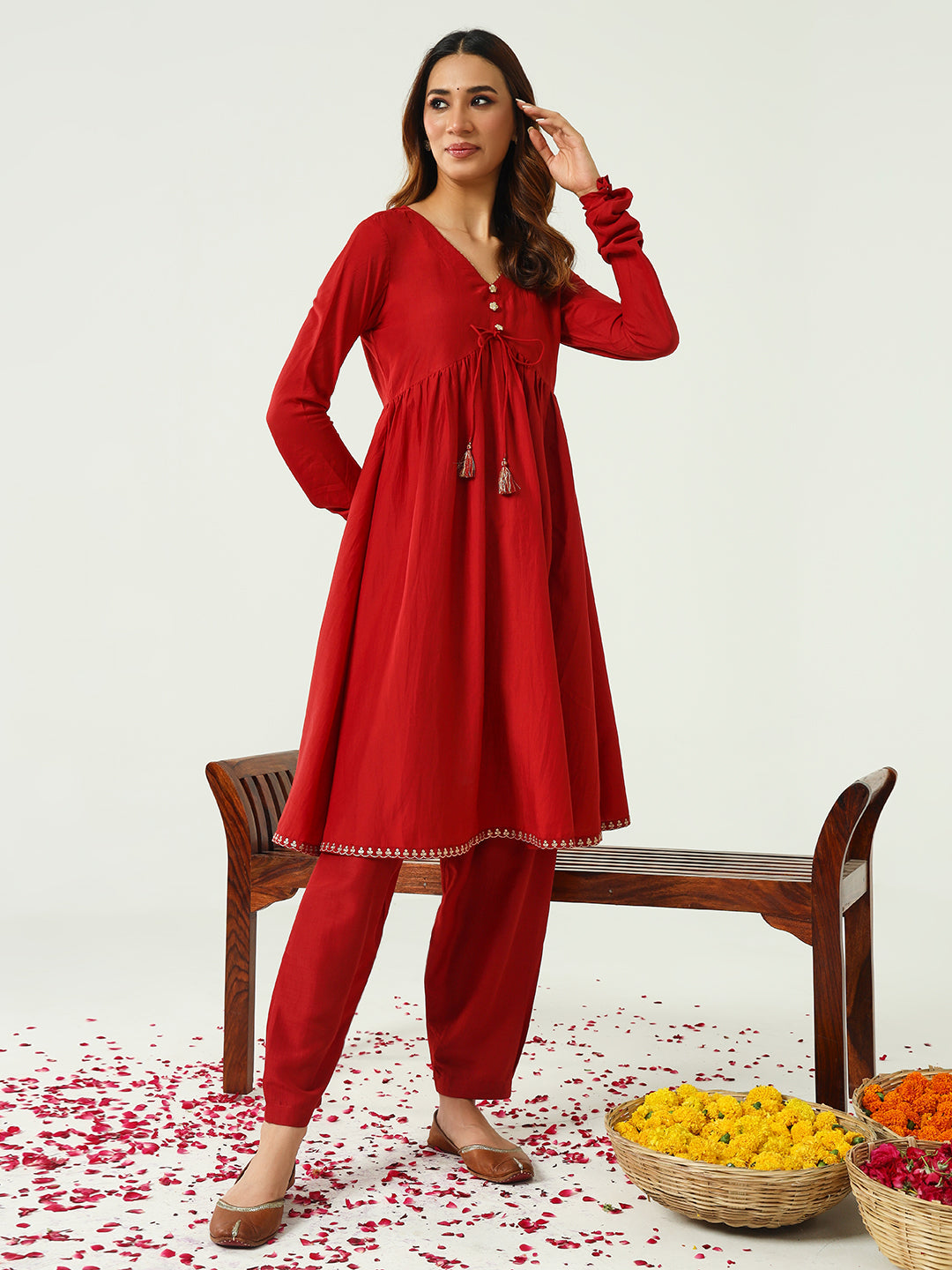 FIORRA Women's Red Silk Blend Nayra Cut Kurta with Pant and Dupatta