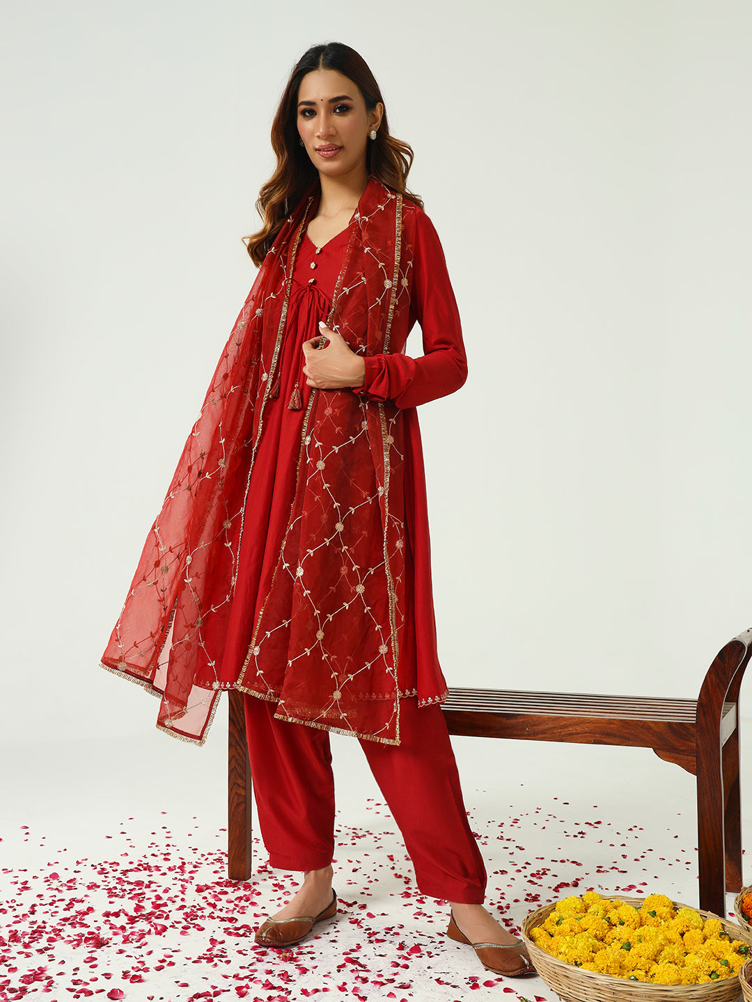 FIORRA Women's Red Silk Blend Nayra Cut Kurta with Pant and Dupatta