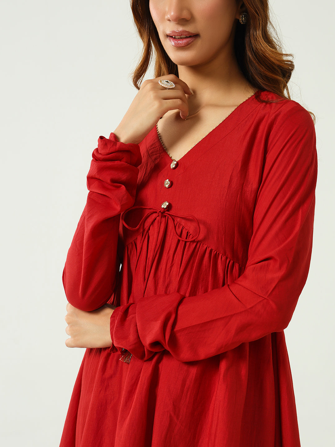 FIORRA Women's Red Silk Blend Nayra Cut Kurta with Pant and Dupatta