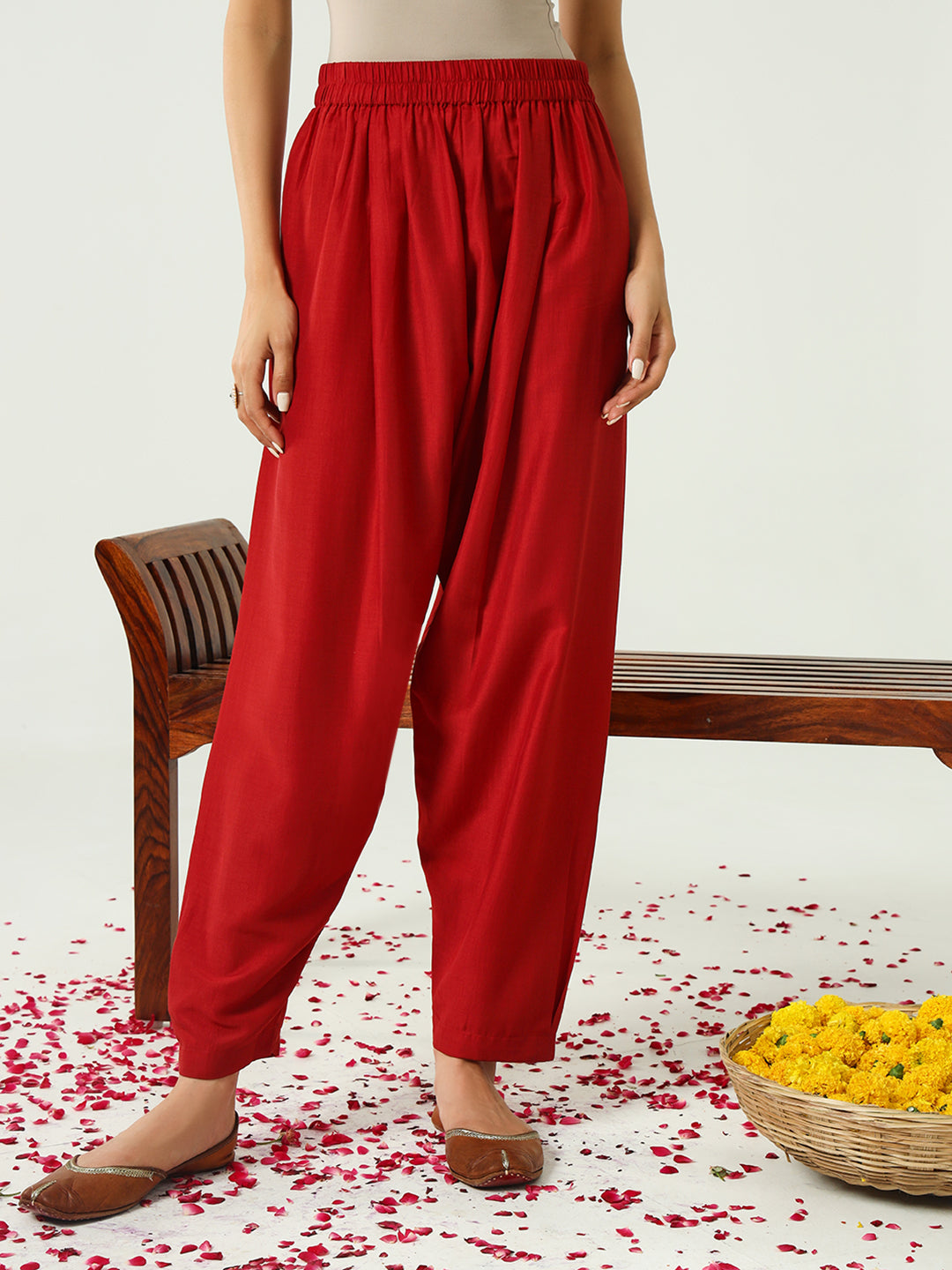 FIORRA Women's Red Silk Blend Nayra Cut Kurta with Pant and Dupatta