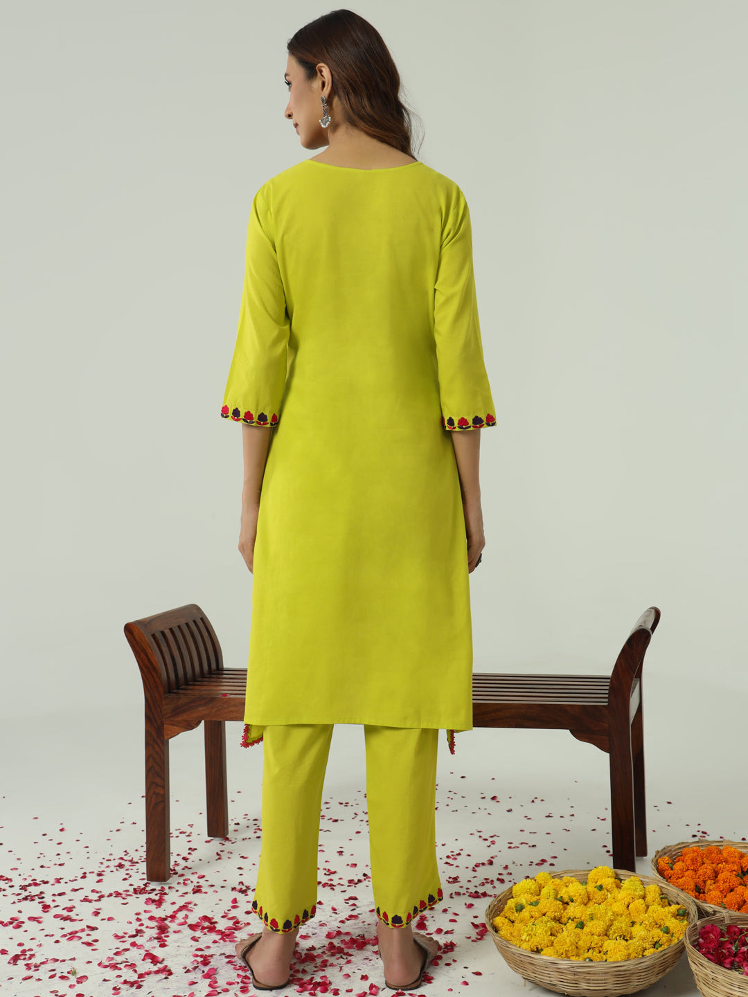 FIORRA Women's Lime yellow Cotton Flared Kurta Set