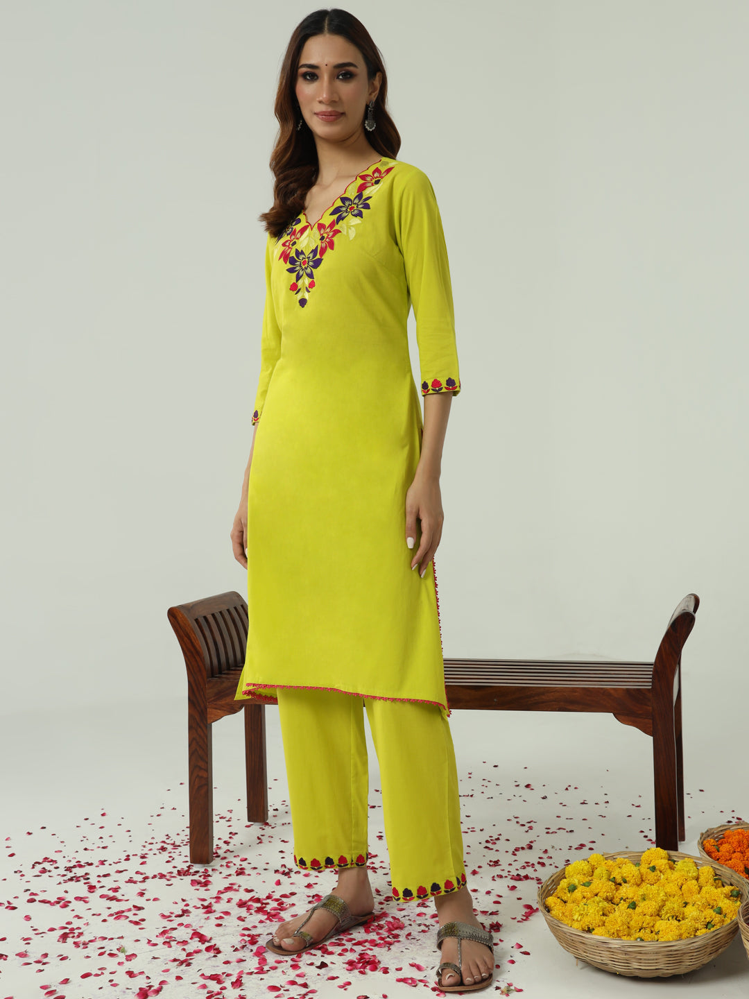 FIORRA Women's Lime yellow Cotton Flared Kurta Set