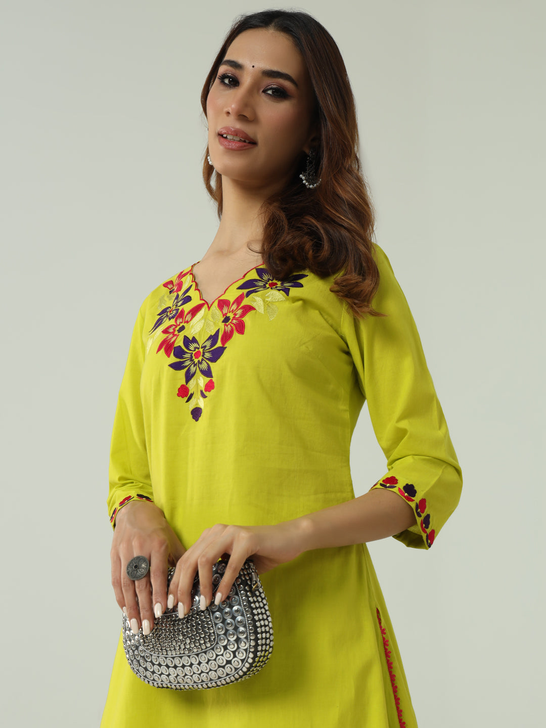 FIORRA Women's Lime yellow Cotton Flared Kurta Set