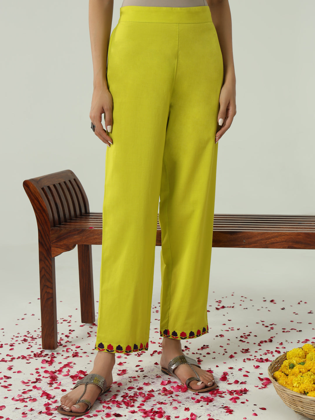 FIORRA Women's Lime yellow Cotton Flared Kurta Set