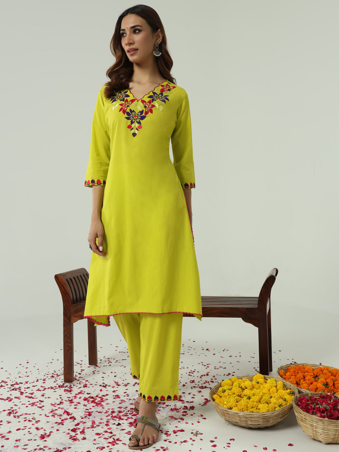 FIORRA Women's Lime yellow Cotton Flared Kurta Set