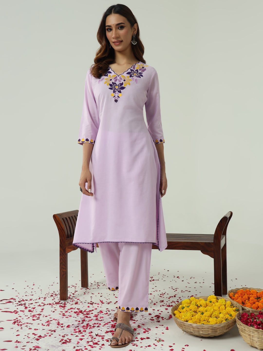 FIORRA Women's Lavender Cotton Flared Kurta Set