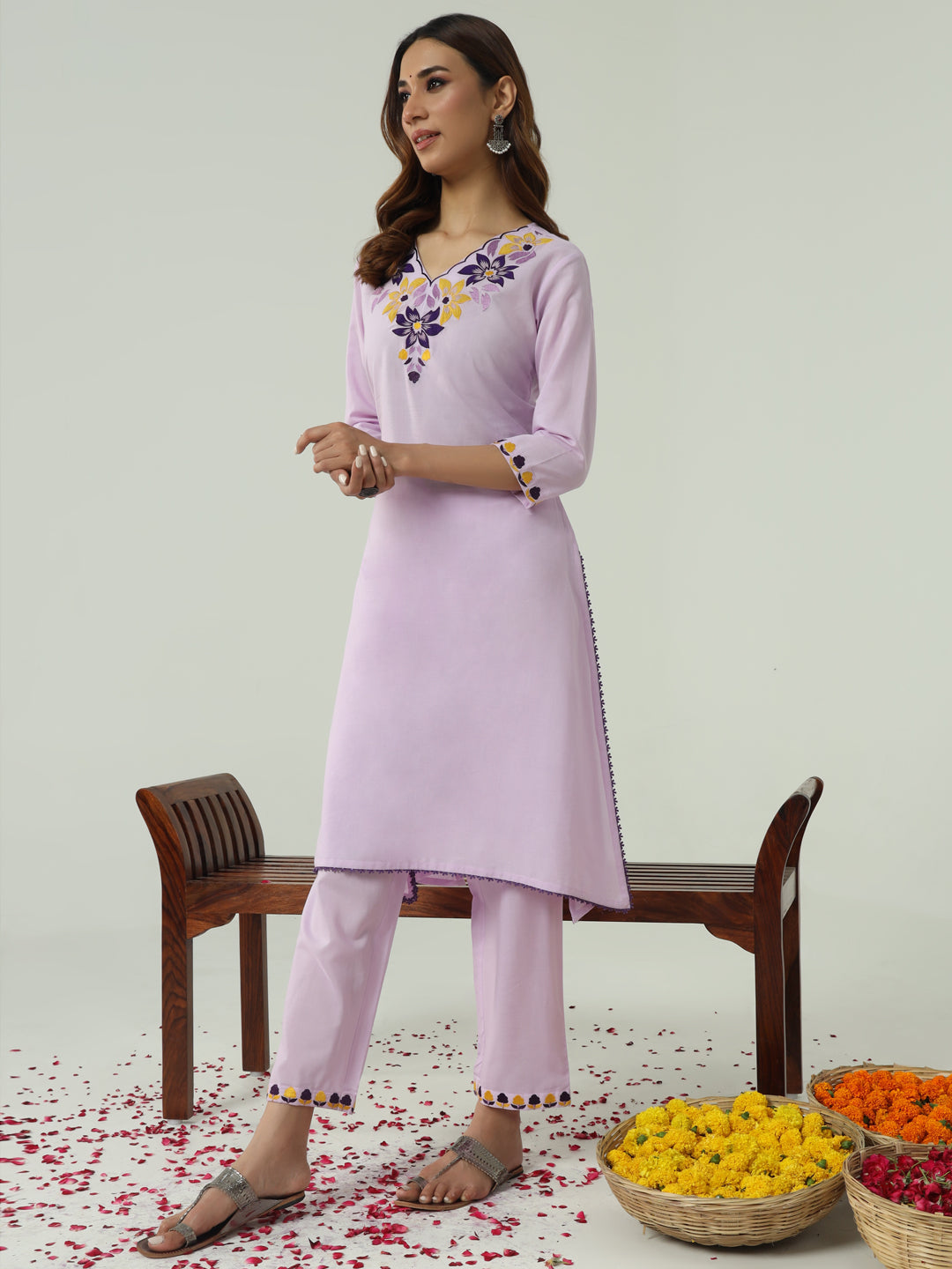 FIORRA Women's Lavender Cotton Flared Kurta Set
