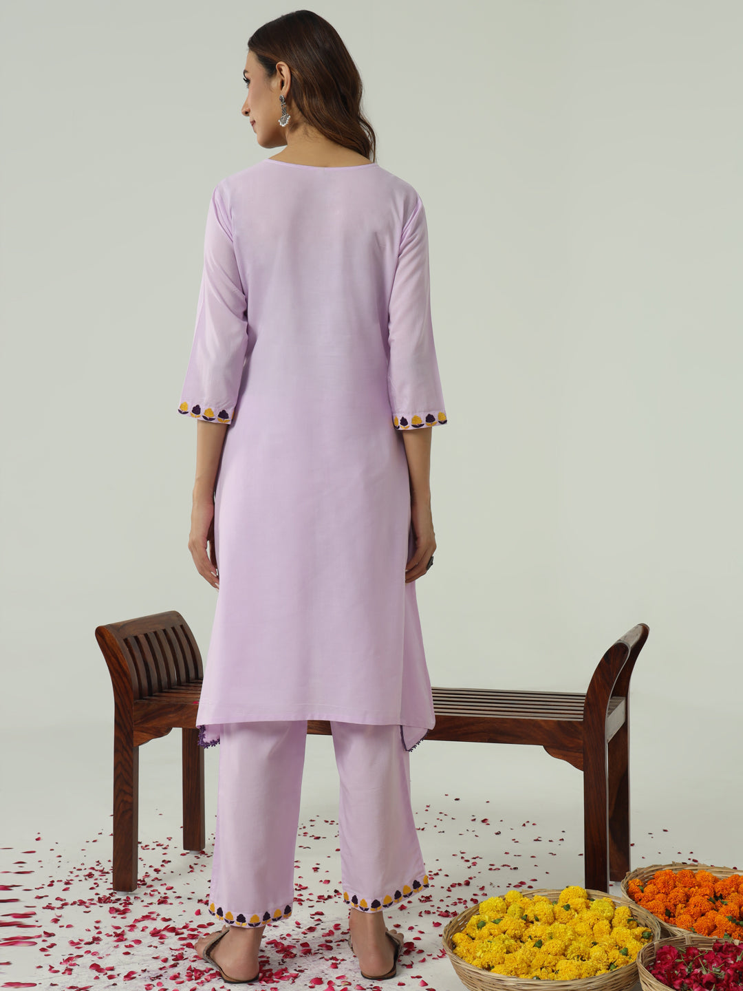 FIORRA Women's Lavender Cotton Flared Kurta Set