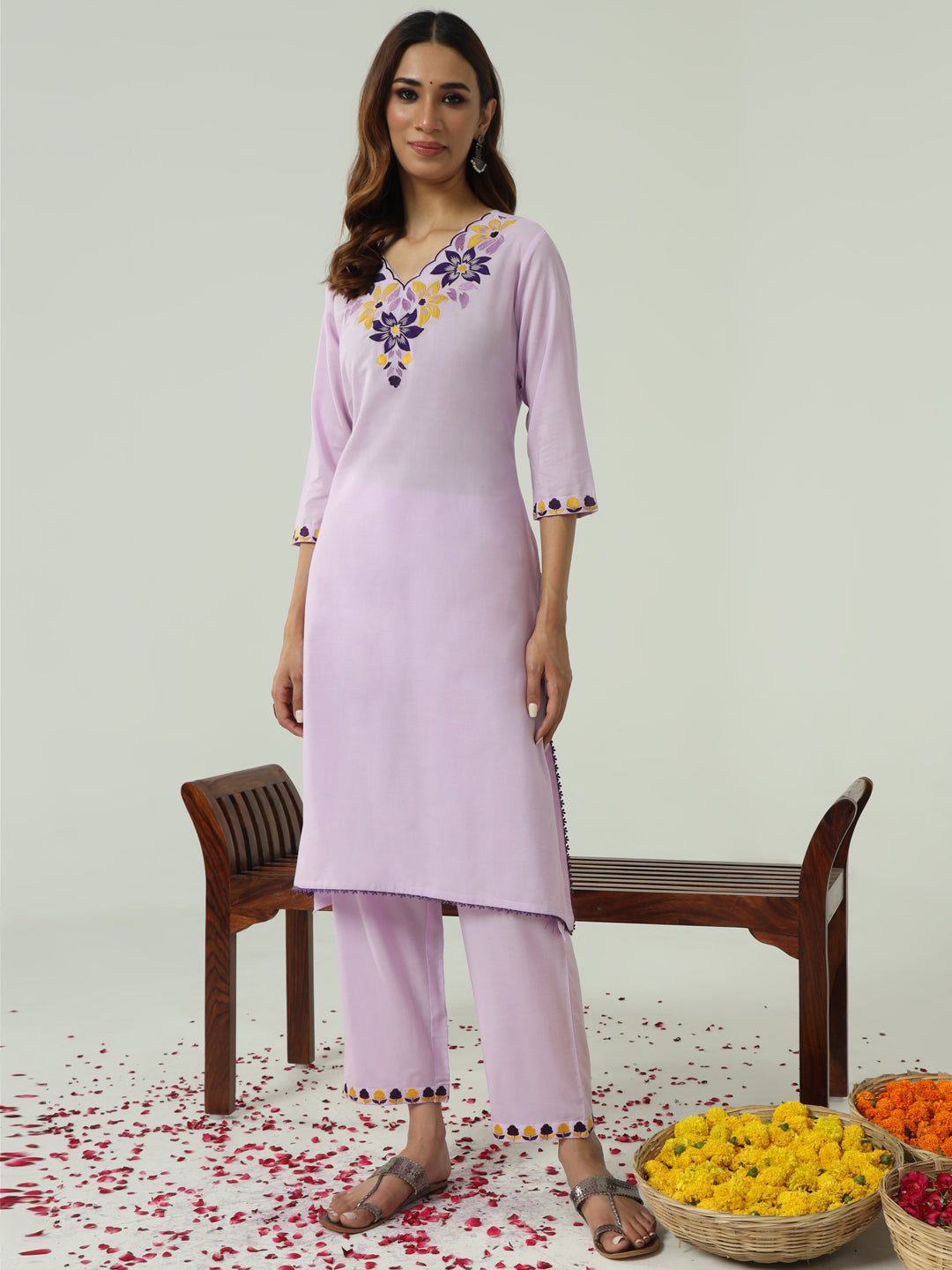 FIORRA Women's Lavender Cotton Flared Kurta Set