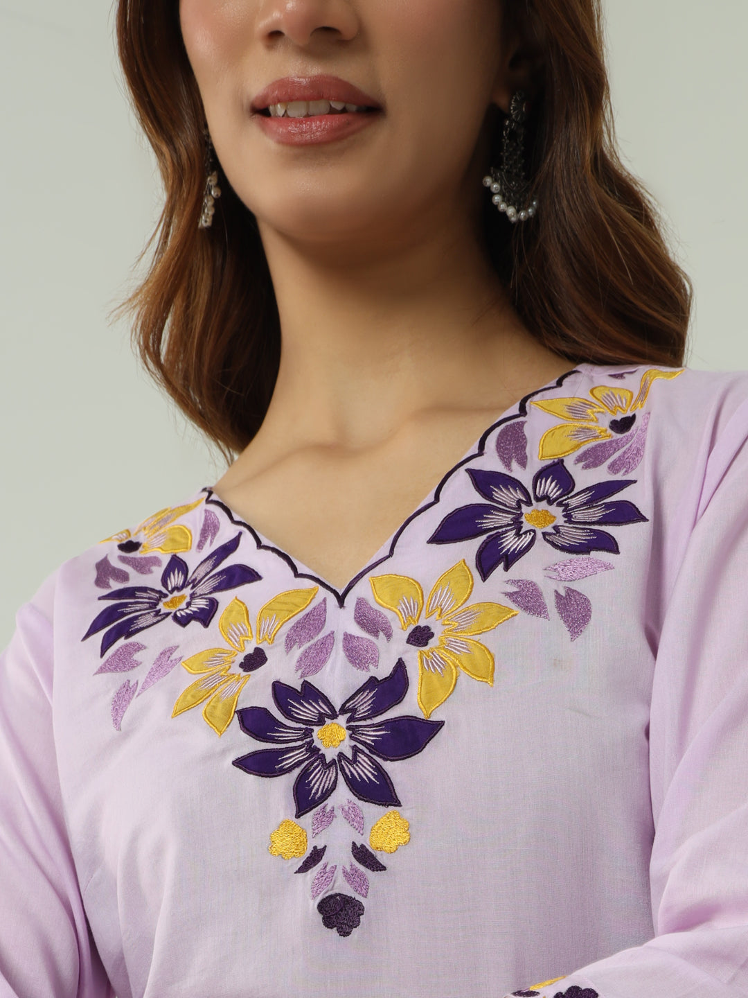 FIORRA Women's Lavender Cotton Flared Kurta Set