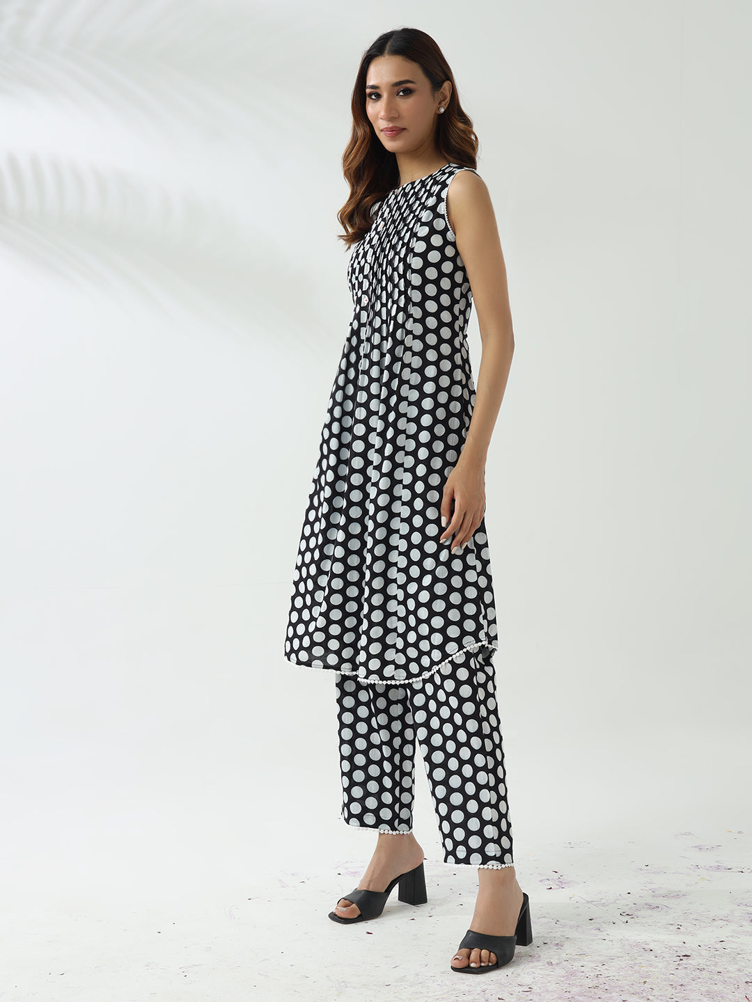 FIORRA Women's Black & White Cotton Flared Kurta Set