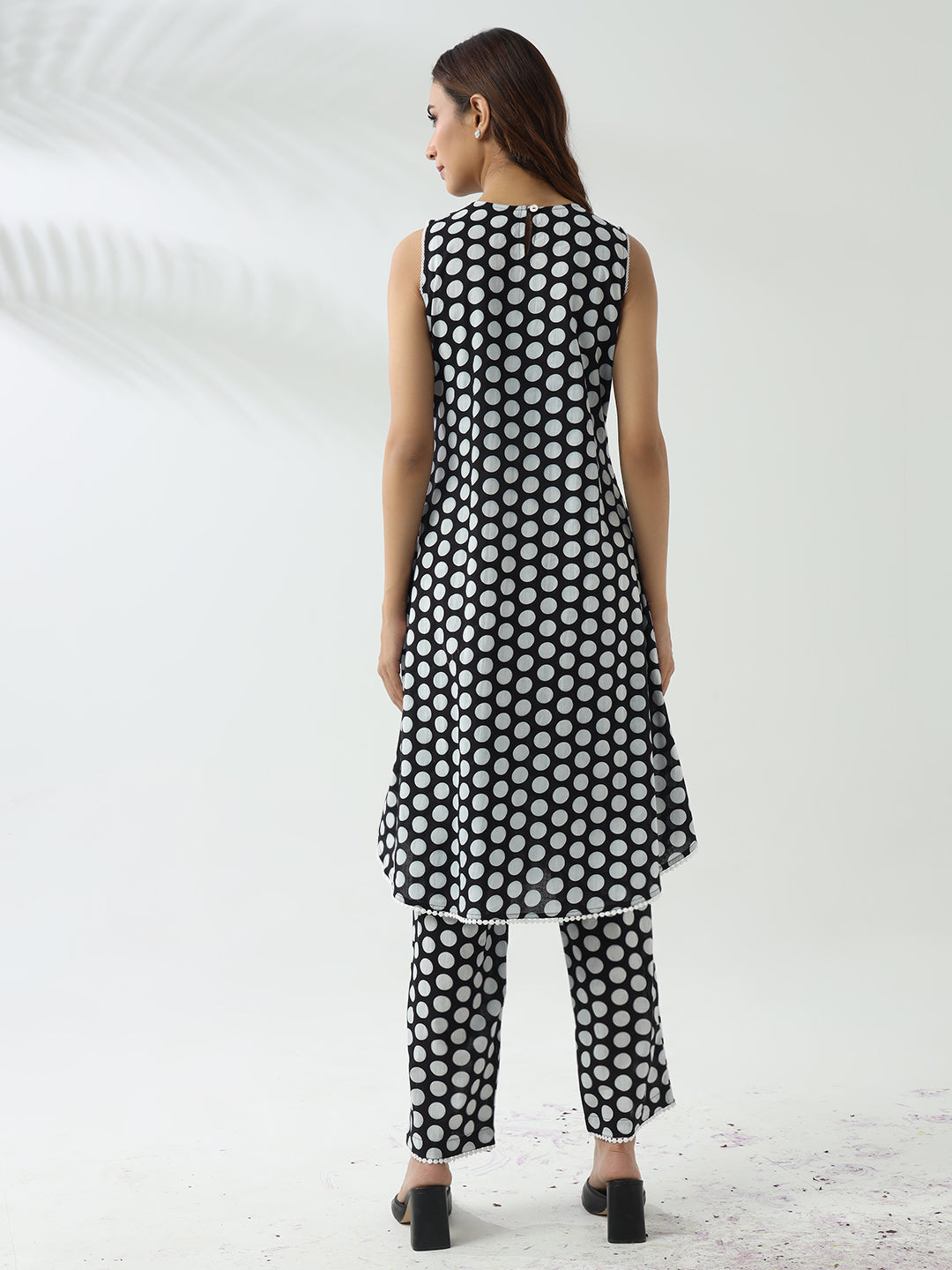 FIORRA Women's Black & White Cotton Flared Kurta Set