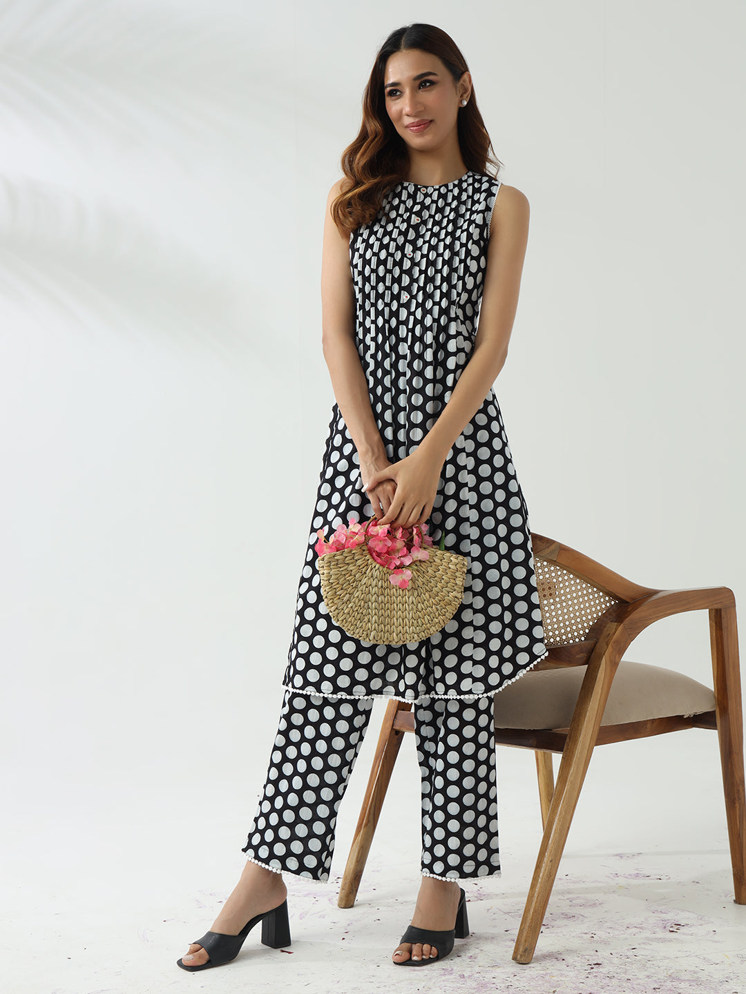 FIORRA Women's Black & White Cotton Flared Kurta Set