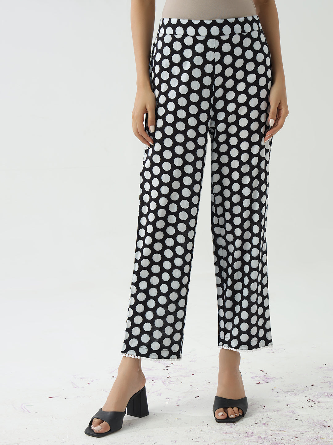 FIORRA Women's Black & White Cotton Flared Kurta Set