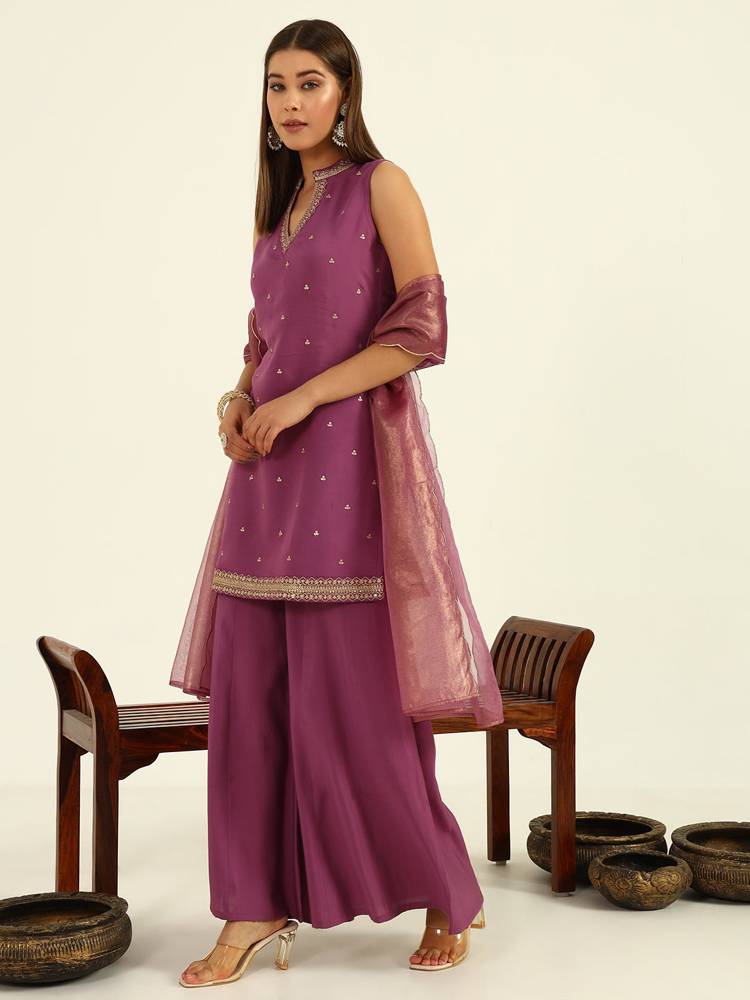 FIORRA Women's Lavender Viscose Chanderi Straight Kurta with Palazzo and Dupatta