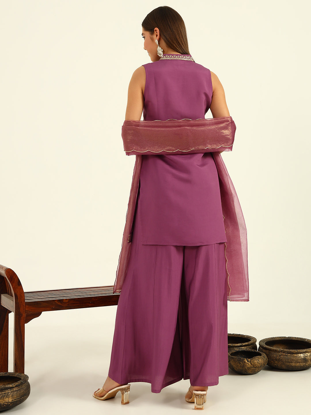 FIORRA Women's Lavender Viscose Chanderi Straight Kurta with Palazzo and Dupatta