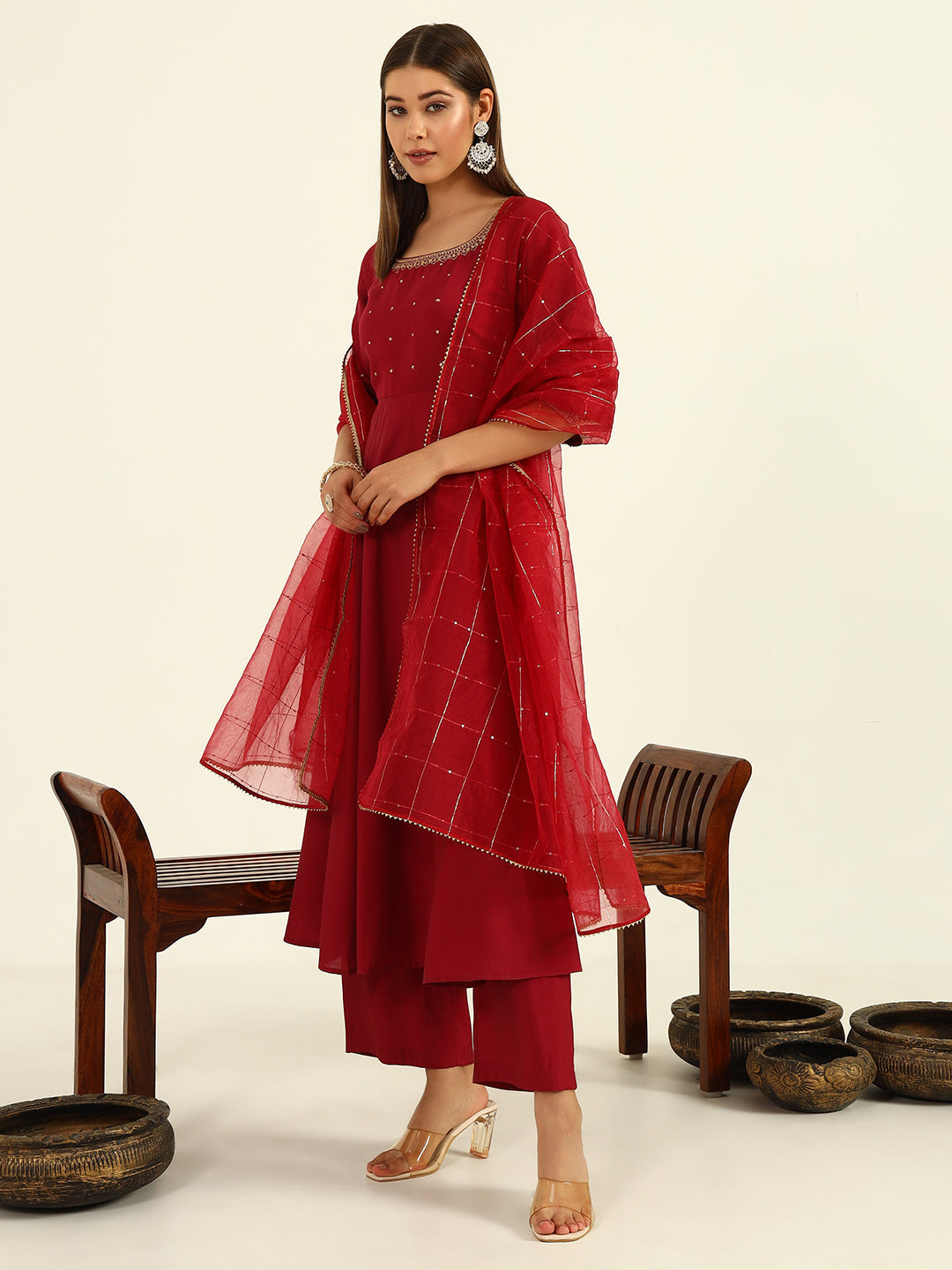 FIORRA Women's Maroon Viscose Chanderi A-line Kurta with Pant and Dupatta
