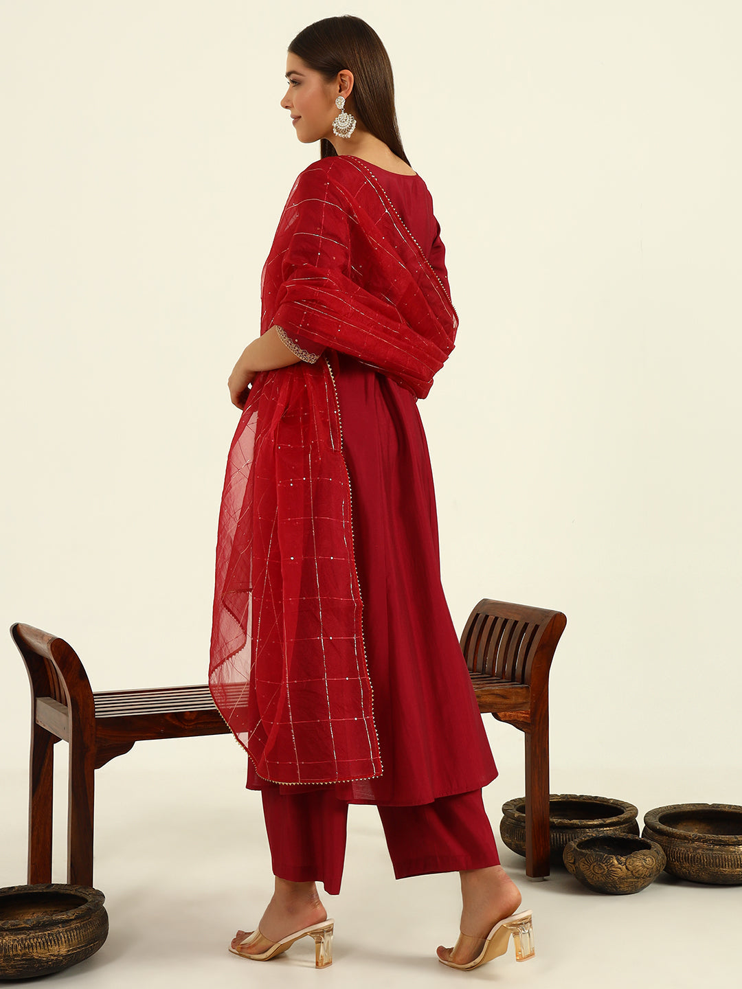 FIORRA Women's Maroon Viscose Chanderi A-line Kurta with Pant and Dupatta