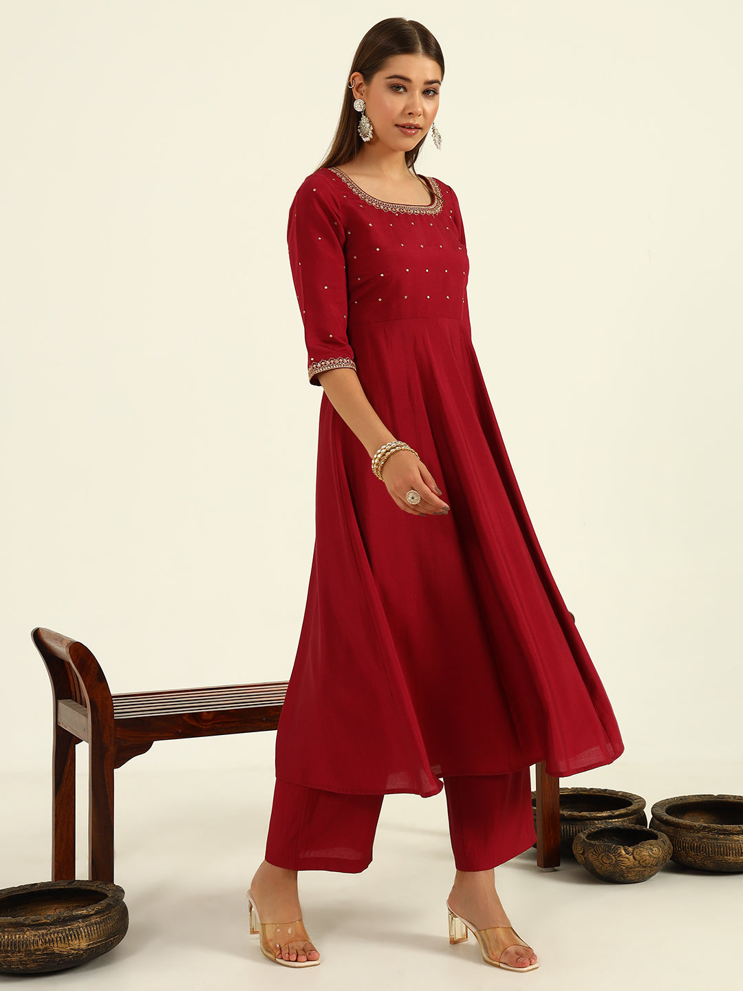 FIORRA Women's Maroon Viscose Chanderi A-line Kurta with Pant and Dupatta