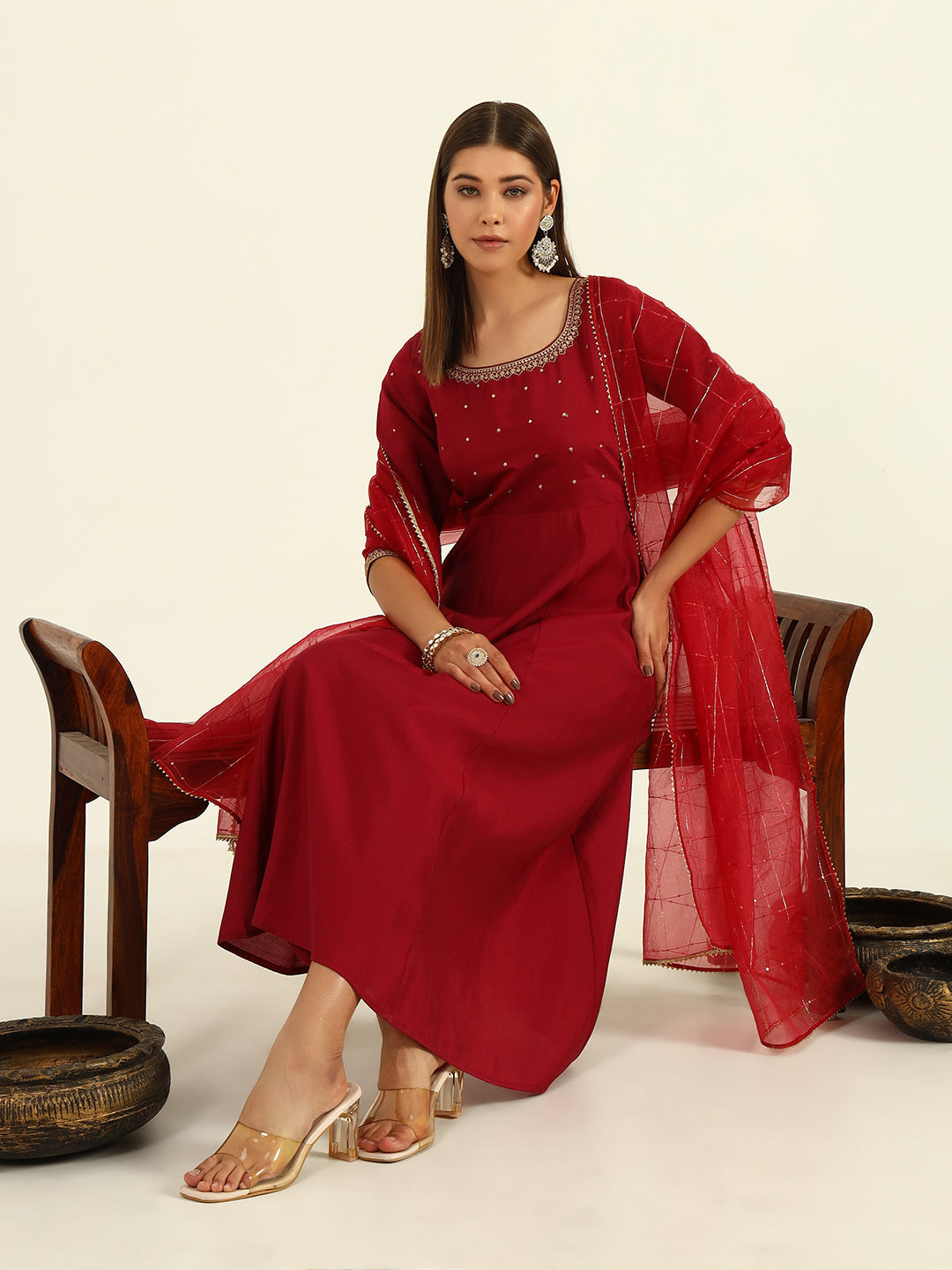FIORRA Women's Maroon Viscose Chanderi A-line Kurta with Pant and Dupatta