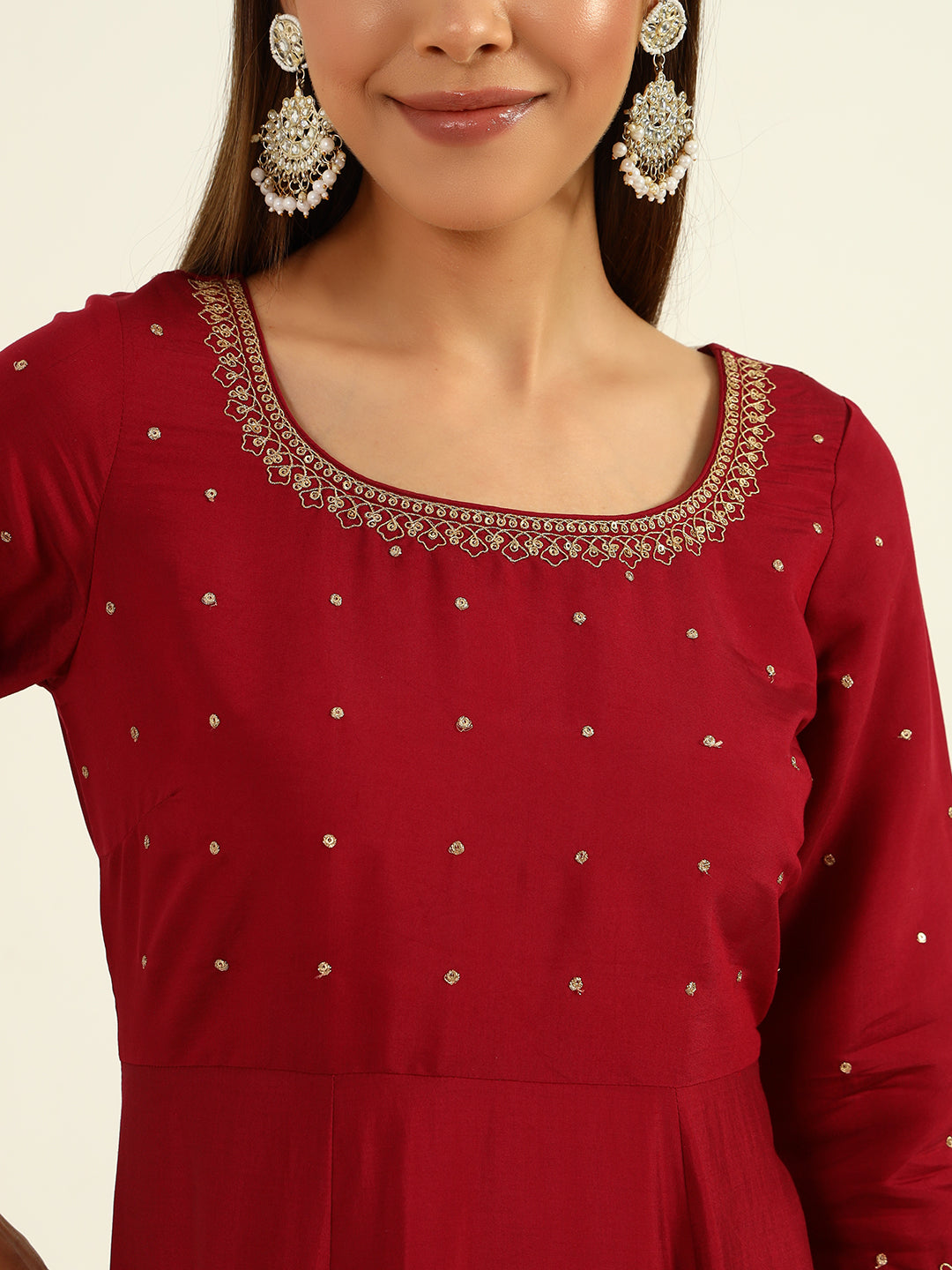 FIORRA Women's Maroon Viscose Chanderi A-line Kurta with Pant and Dupatta