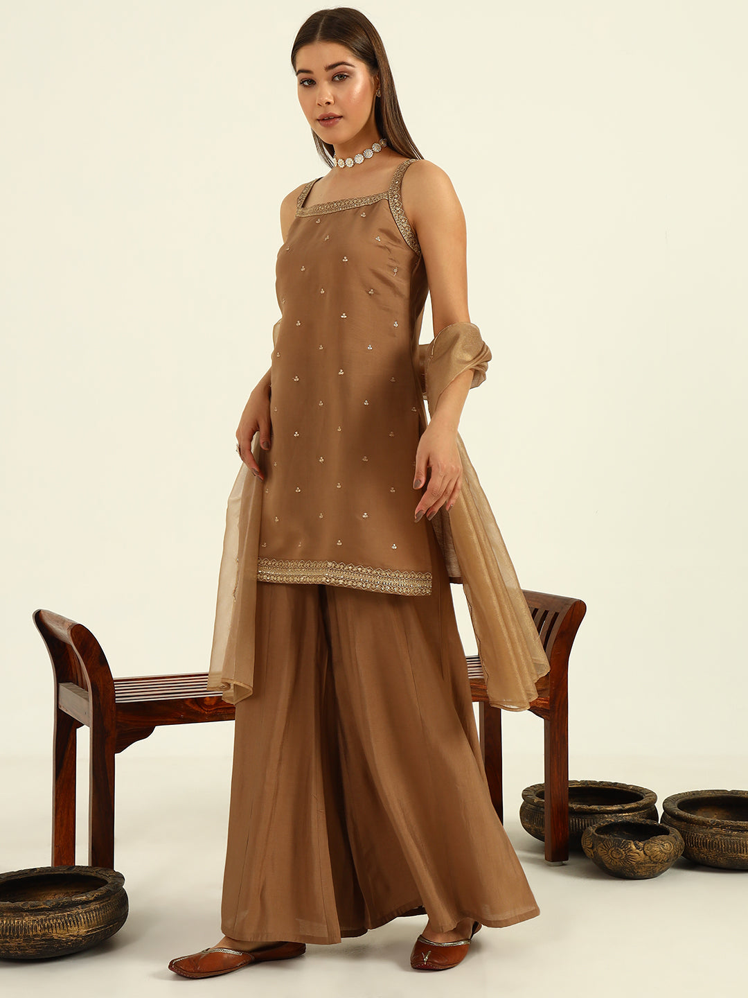 FIORRA Women's Brown Viscose Chanderi Straight Kurta with Palazzo and Dupatta