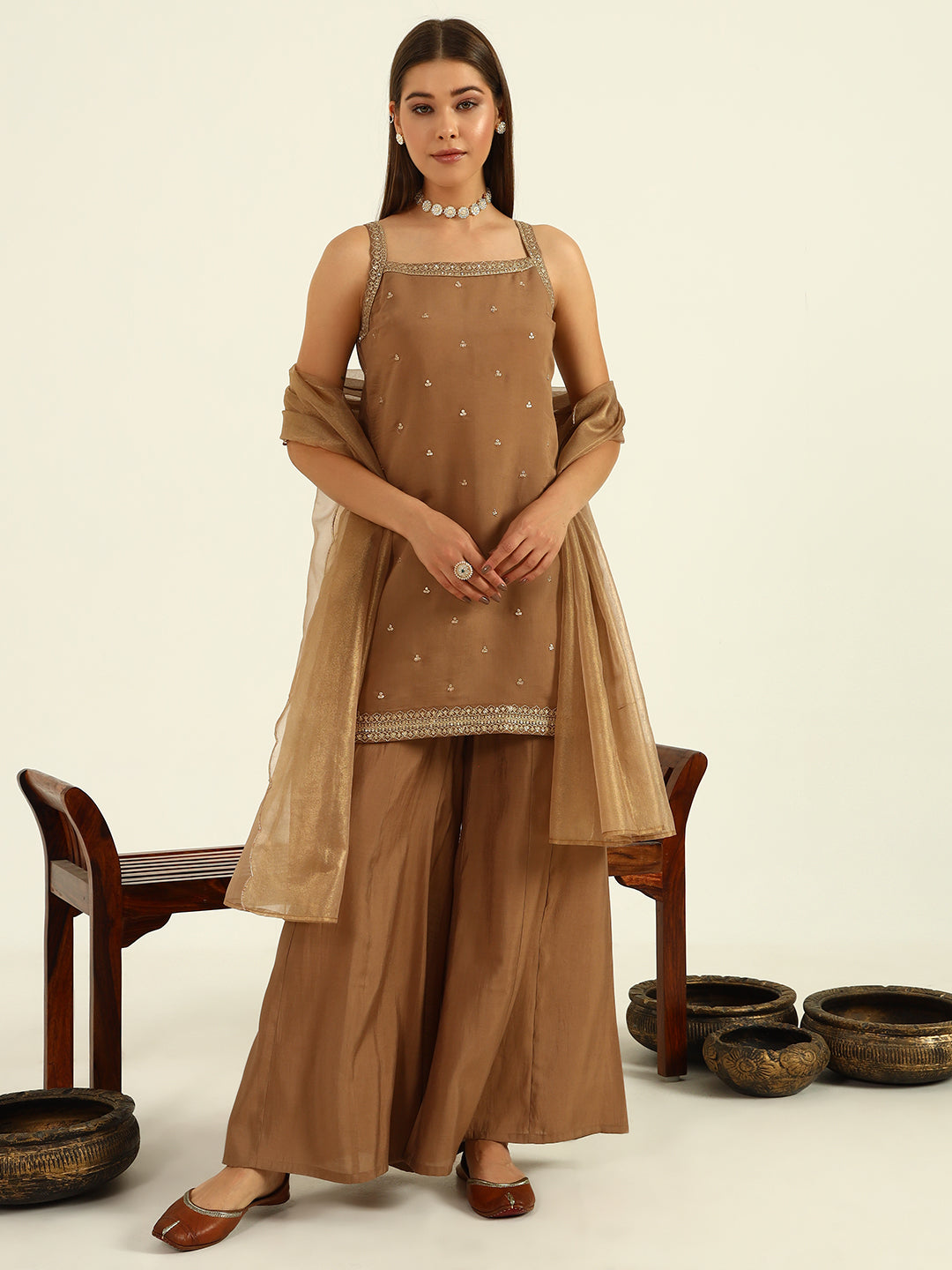 FIORRA Women's Brown Viscose Chanderi Straight Kurta with Palazzo and Dupatta