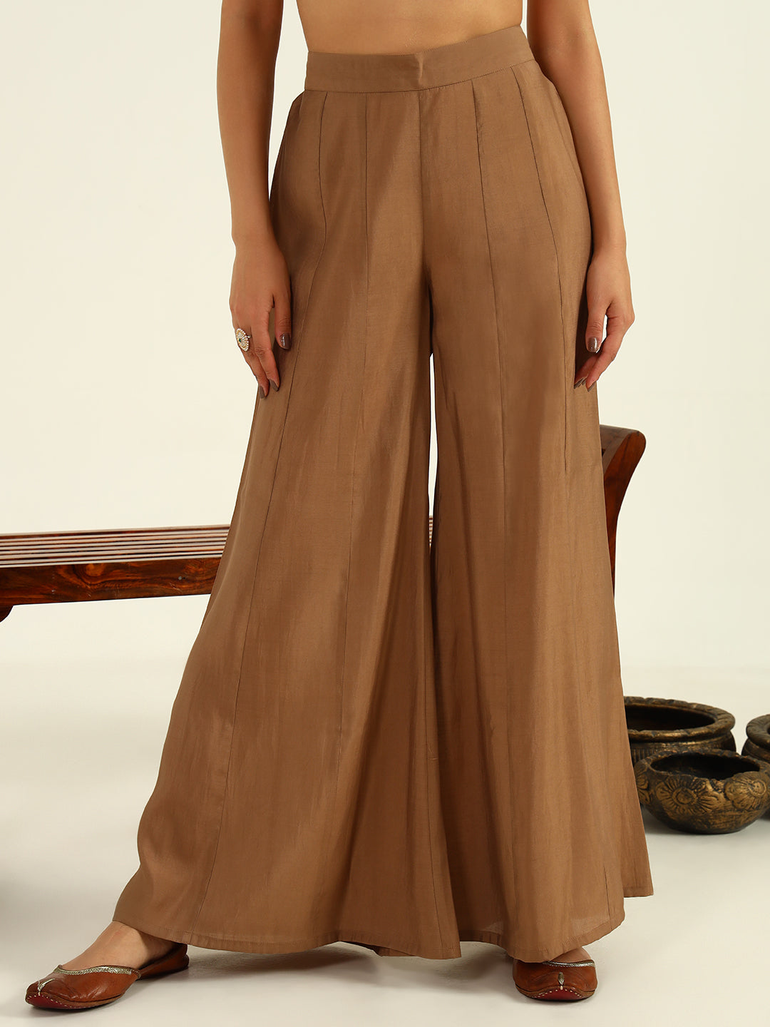 FIORRA Women's Brown Viscose Chanderi Straight Kurta with Palazzo and Dupatta