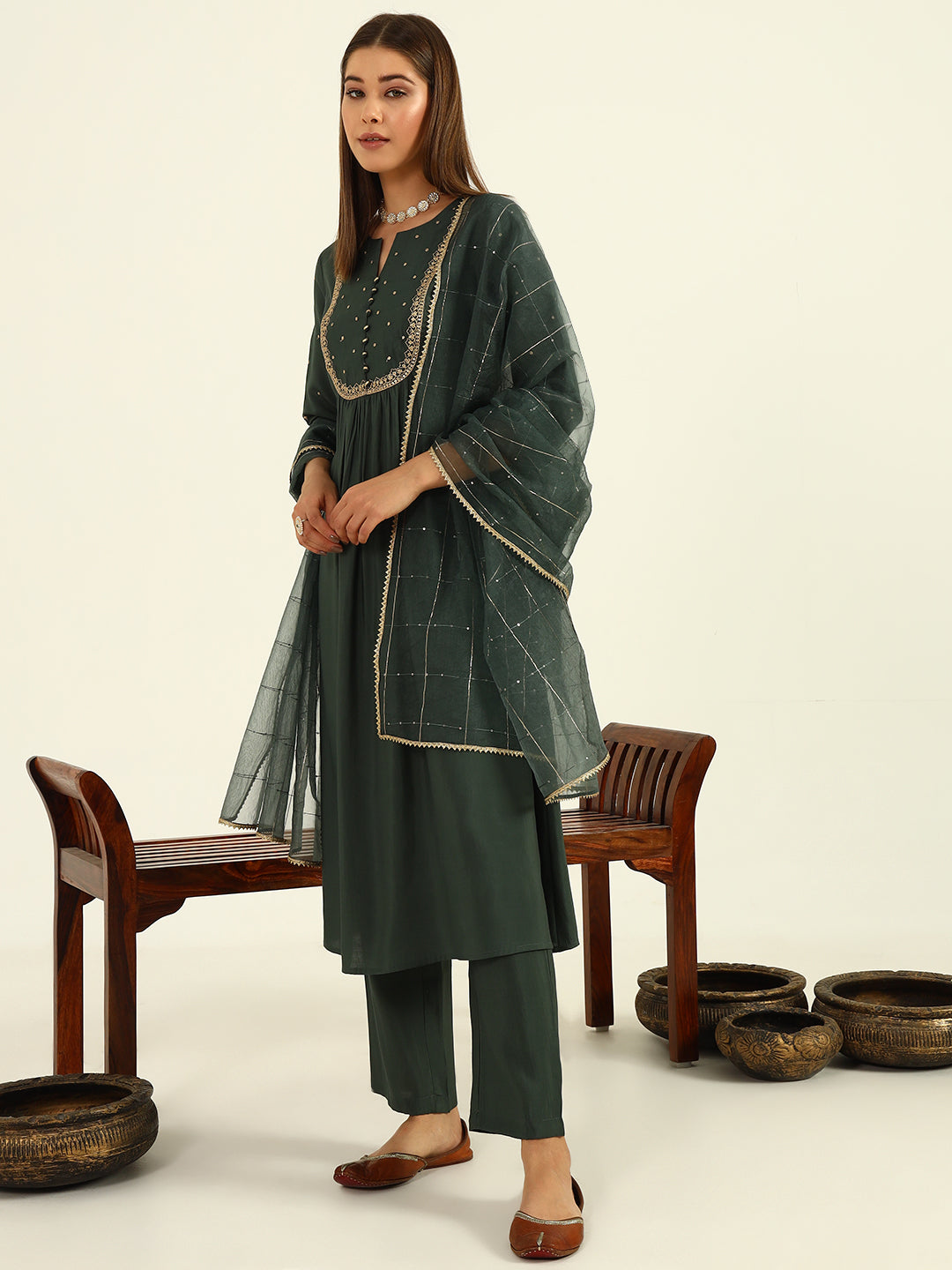 FIORRA Women's Green Viscose Chanderi A-line Kurta with Pant and Dupatta
