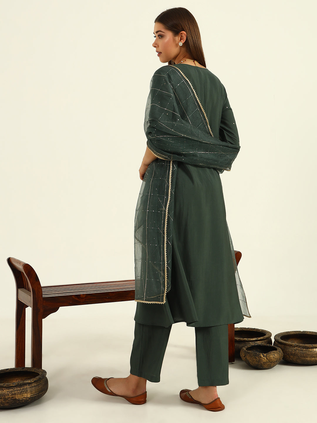 FIORRA Women's Green Viscose Chanderi A-line Kurta with Pant and Dupatta