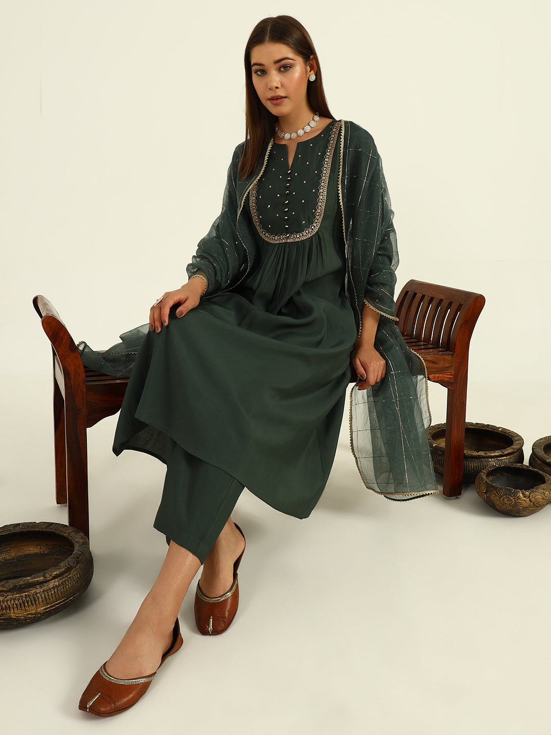 FIORRA Women's Green Viscose Chanderi A-line Kurta with Pant and Dupatta